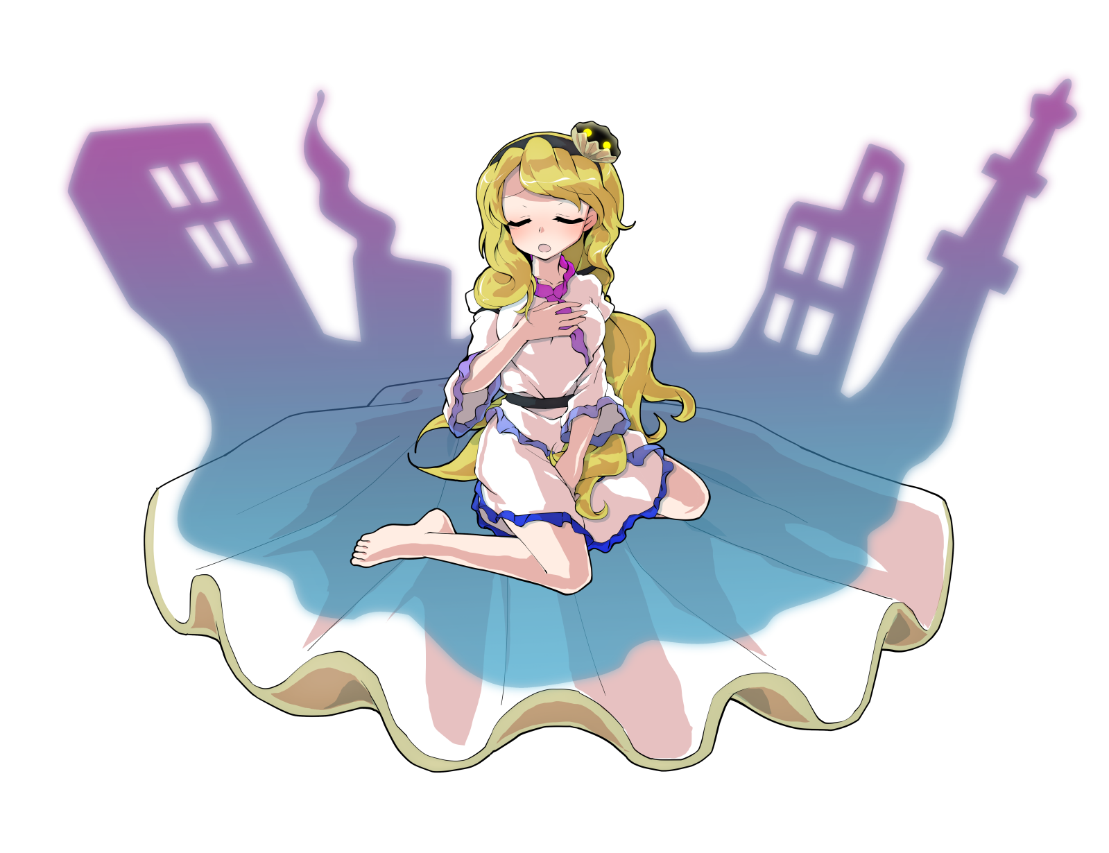 dairi, watari nina, fossilized wonders, touhou, commentary request, highres, large variant set, variant set, 1girl, alphes (style), barefoot, between legs, black hairband, blonde hair, blush, breasts, clam shell ornament, collarbone, dress, frilled sleeves, frills, full body, hairband, hand between legs, hand on own chest, long hair, medium breasts, parody, side slit, solo, style parody, tachi-e, transparent background, very long hair, wavy hair, white dress, wide sleeves