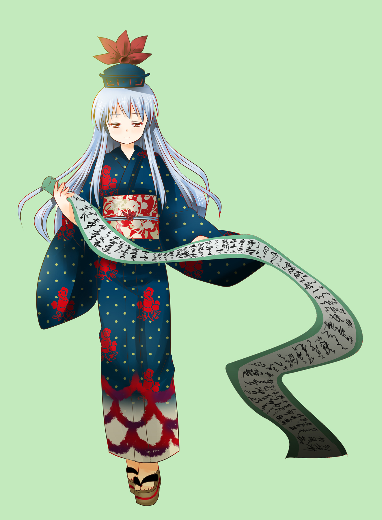 izumi minami, kamishirasawa keine, touhou, bad id, bad pixiv id, highres, 1girl, adapted costume, blue hair, blue kimono, clog sandals, female focus, floral print, floral print kimono, full body, geta, green background, half-closed eyes, hat, japanese clothes, kimono, long hair, no socks, okobo, platform sandals, polka dot, print kimono, red eyes, sandals, scroll, shadow, simple background, solo, standing, yukata