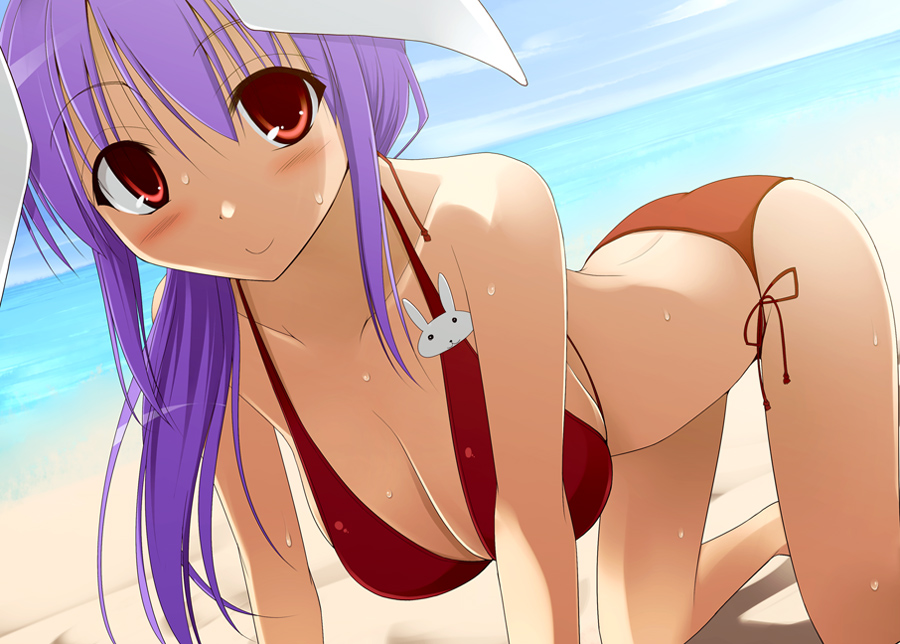 kurikara, reisen udongein inaba, touhou, 1girl, all fours, animal ears, beach, bikini, blush, breasts, day, female focus, huge breasts, large breasts, outdoors, purple hair, rabbit ears, red bikini, side-tie bikini bottom, smile, solo, swimsuit, wet