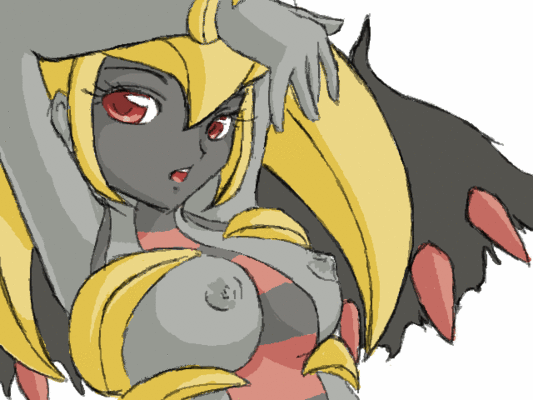 giratina, giratina (altered), nintendo, pokemon, 00s, blonde hair, breasts, dark skin, gen 4 pokemon, legendary pokemon, open mouth, personification, red eyes, wings