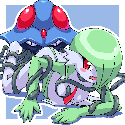 gardevoir, tentacruel, nintendo, pokemon, lowres, ass, blush, gen 1 pokemon, gen 3 pokemon, green hair, pokemon (creature), red eyes, tentacles