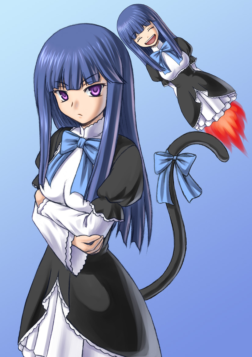 210ten, ten (pixiv192340), frederica bernkastel, umineko no naku koro ni, 00s, blue hair, blunt bangs, bow, cat tail, closed eyes, crossed arms, dress, empty eyes, frills, long hair, open mouth, purple eyes, ribbon, serious, smile, solo, tail