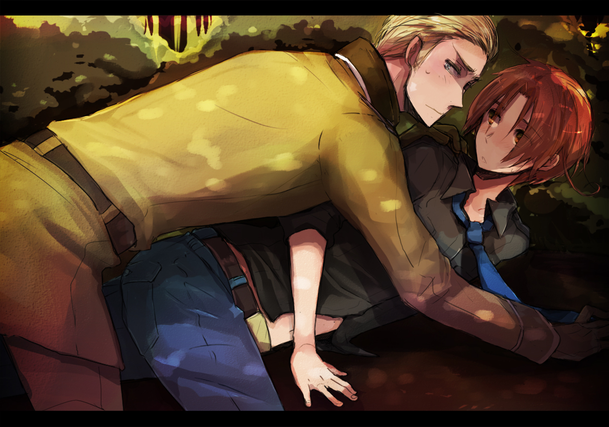 rusuko, germany (hetalia), northern italy (hetalia), axis powers hetalia, clothes, 00s, 2boys, blonde hair, blush, brown eyes, brown hair, couple, grey eyes, hug, letterboxed, male focus, multiple boys, necktie, pants, short hair, sweatdrop, yaoi