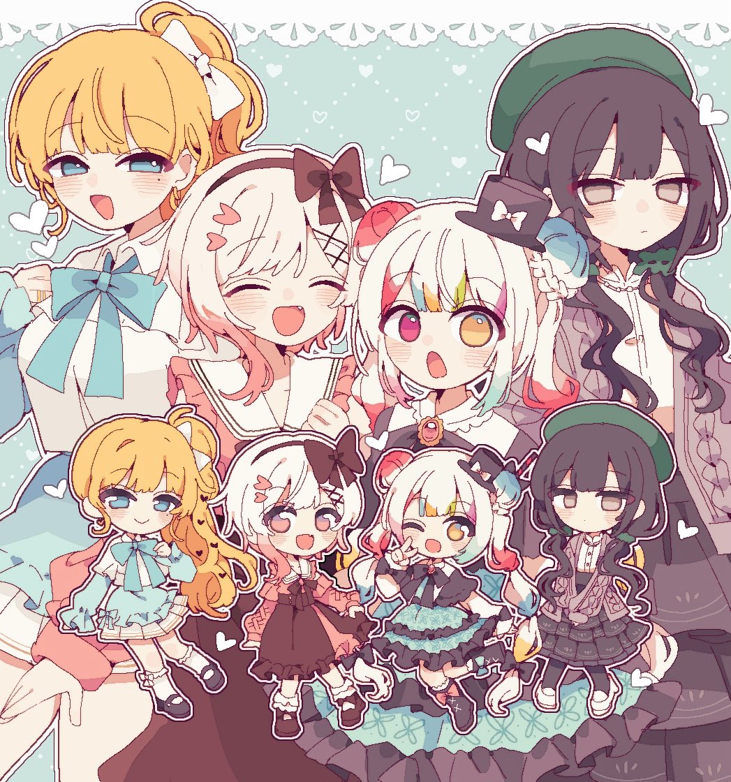 toruriri0718, jogasaki noah, kurobe nanoka, saeki miria, sakuraba ema, book off, mahou shoujo no majo saiban, commentary request, 4girls, :d, :o, beret, black bow, black hat, black skirt, blonde hair, blue background, blue eyes, blue ribbon, blue skirt, bow, cardigan, chibi, chibi inset, closed eyes, closed mouth, cowboy shot, green hat, grey eyes, hair bow, hair ornament, hat, heterochromia, long hair, long sleeves, looking at viewer, low twintails, multicolored hair, multiple girls, neck ribbon, official alternate costume, official alternate hairstyle, open mouth, outline, pink eyes, pink hair, red eyes, ribbon, short hair, side ponytail, skirt, smile, standing, streaked hair, twintails, white hair, white outline, x hair ornament, yellow eyes