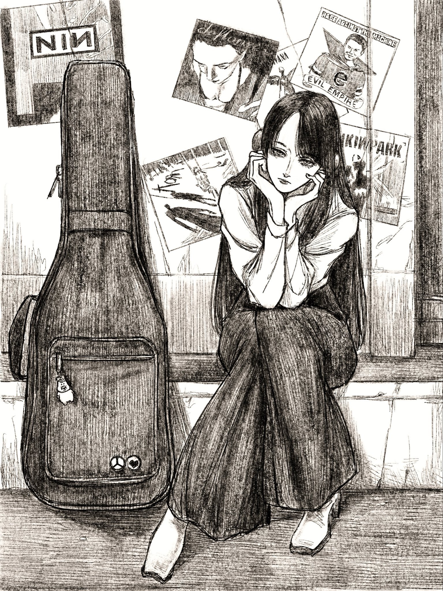 tp p pt, original, highres, 1girl, badge, black hair, black outline, guitar case, hands on own cheeks, hands on own face, instrument case, long hair, long sleeves, looking at viewer, outline, poster (object), shirt, sitting, skirt, solo, white shirt