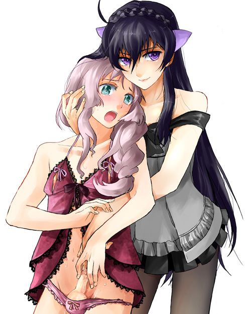 artist request, source request, 1boy, androgynous, black hair, blush, crossdressing, crossdressing (mtf), cum, green eyes, grey hair, lingerie, long hair, nipples, panties, pantyhose, penis, purple eyes, shota, simple background, sweat, trap, underwear, very long hair