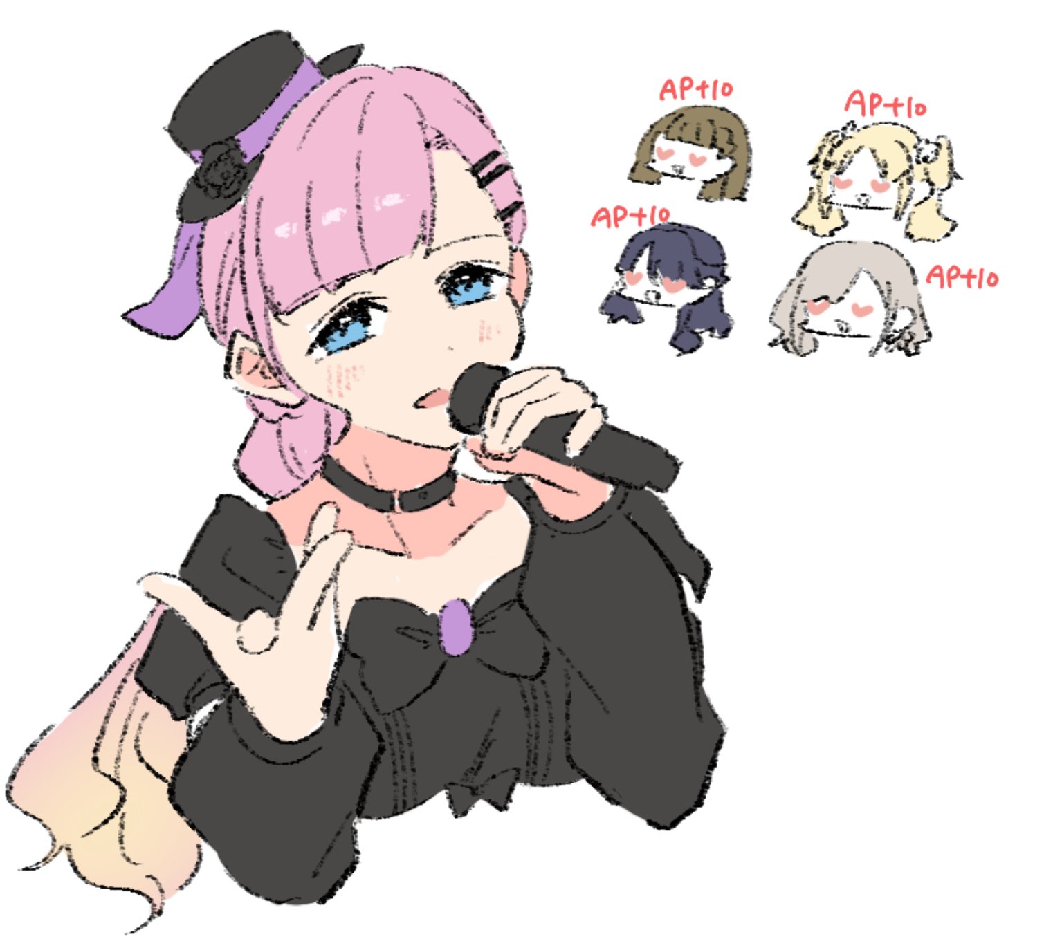 llkapital, anyoji hime, ceras yanagida lilienfeld, kachimachi kosuzu, murano sayaka, osawa rurino, link! like! love live!, love live!, commentary, highres, 5girls, black choker, blonde hair, blue hair, brown hair, chibi, chibi inset, choker, detached sleeves, gameplay mechanics, gradient hair, grey hair, hair ornament, hairclip, heart, heart-shaped eyes, holding, holding microphone, long hair, long sleeves, microphone, multicolored hair, multiple girls, music, new black (love live!), official alternate costume, open mouth, parallel hairclips, pink hair, puffy short sleeves, puffy sleeves, short sleeves, simple background, singing, twintails, virtual youtuber, white background