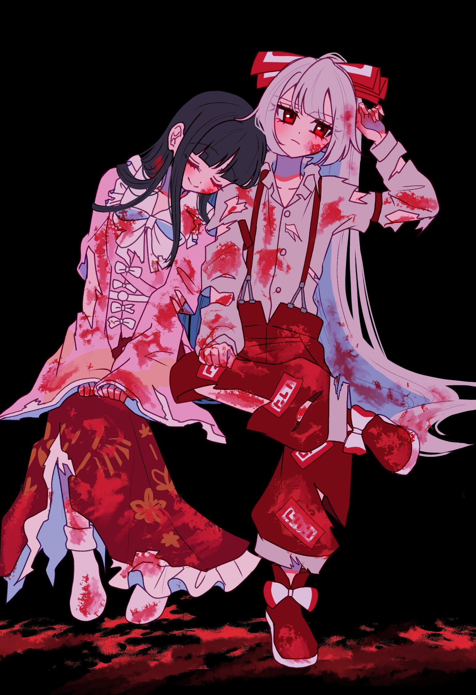 tamiko (tamik0224), fujiwara no mokou, houraisan kaguya, touhou, commentary request, highres, 2girls, baggy pants, bamboo print, belt, black background, black hair, blood, blood in hair, blood on arm, blood on clothes, blood on face, blood on ground, blood on hands, blood on shoes, blue eyes, blunt bangs, boots, bow, bowtie, buttons, clenched hand, clenched hands, closed eyes, closed mouth, cloud print, collarbone, collared shirt, colored inner hair, floral print, footwear bow, frills, full body, hand up, head on another's shoulder, high ponytail, implied after fight, long hair, long skirt, long sleeves, looking afar, multicolored hair, multiple girls, no shoes, pants, parted bangs, pink shirt, ponytail, puffy long sleeves, puffy sleeves, red boots, red eyes, red pants, red skirt, shirt, sidelocks, simple background, sitting, skirt, smile, socks, suspenders, torn clothes, torn pants, torn shirt, torn skirt, white belt, white bow, white bowtie, white hair, white shirt, white socks, wide sleeves