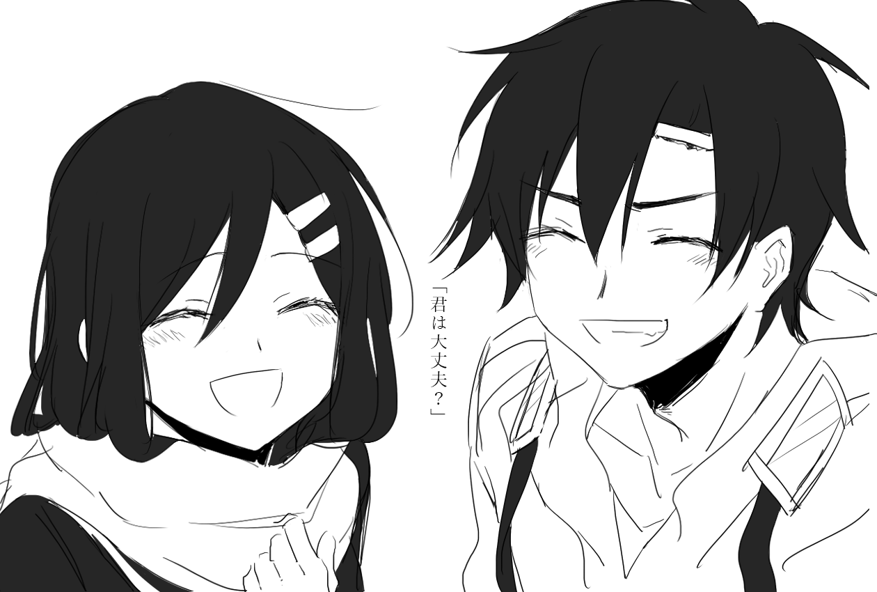 aaniko, seto kousuke, tateyama ayano, kagerou project, commentary, translated, 1boy, 1girl, ^ ^, closed eyes, closed mouth, facing viewer, goggles, goggles on hood, hair between eyes, hair ornament, hairclip, hood, hood down, hoodie, monochrome, open mouth, portrait, scarf, school uniform, serafuku, shirt, short hair, simple background, white background