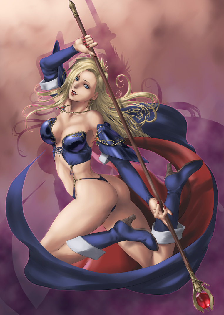 ryu (gaquarium), dela, dela delon, brandish, brandish (video game), falcom, 1girl, ass, bare shoulders, blonde hair, boots, breasts, female focus, high heels, long hair, panties, purple background, shoes, solo, staff, thong, underwear
