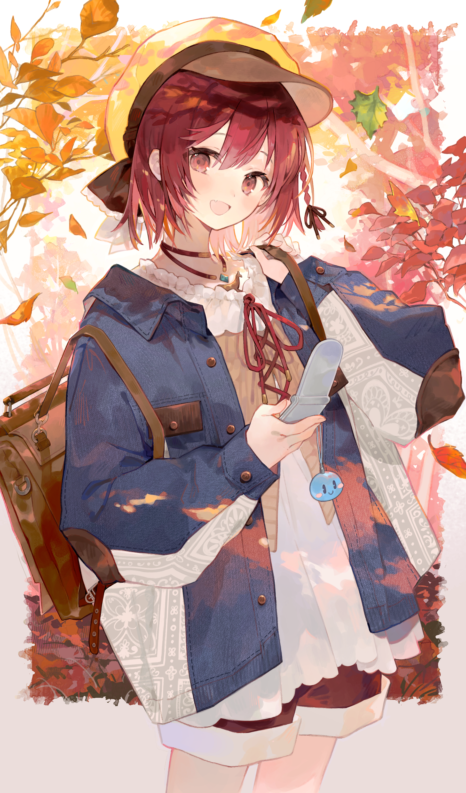 nekoolantern, sophie neuenmuller, atelier (series), atelier sophie, absurdres, commentary request, highres, 1girl, alternate costume, anachronism, autumn leaves, backpack, bag, blue jacket, border, brown shorts, cellphone, cowboy shot, dappled sunlight, flip phone, hand up, hat, head tilt, holding, holding phone, jacket, jewelry, leaf, looking at viewer, necklace, open mouth, outdoors, phone, red eyes, red hair, shirt, short hair, shorts, smile, solo, sunlight, white border, white shirt, yellow hat