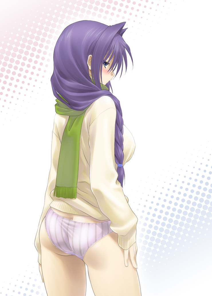mitarashi kousei, minase akiko, kanon, 1girl, ass, blue eyes, blush, braid, breasts, butt crack, female focus, from behind, hair intakes, hair over shoulder, long hair, looking back, mature female, medium breasts, no pants, panties, purple hair, purple panties, scarf, single braid, solo, standing, striped clothes, striped panties, sweater, underwear