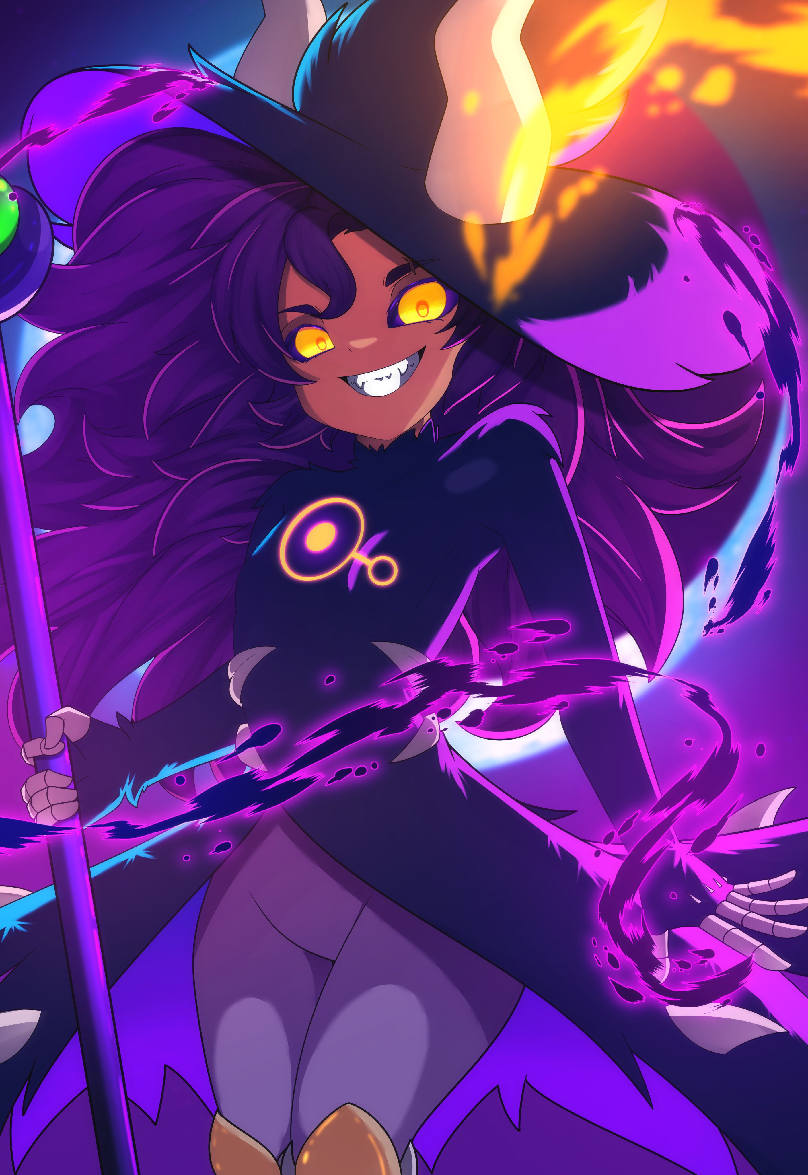 shion (shion aster), luz noceda, stringbean (the owl house), the owl house, absurdres, highres, 1girl, black sclera, colored sclera, dark-skinned female, dark skin, eyebrow cut, glowing leaves, hat, holding, holding staff, horns, horns through headwear, horns through hood, luz noceda (titan), magic, night, night sky, outdoors, purple hair, sharp teeth, sky, smile, solo, staff, teeth, yellow eyes