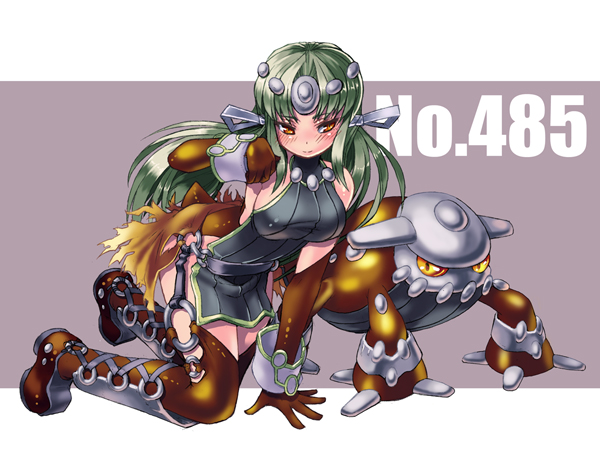 kenkou cross, heatran, moemon, nintendo, pokemon, bad id, bad pixiv id, 00s, 1girl, blush, boots, costume, creature and personification, elbow gloves, gen 4 pokemon, gloves, green hair, legendary pokemon, long hair, personification, pokedex number, pokemon (creature), thigh boots, thighhighs