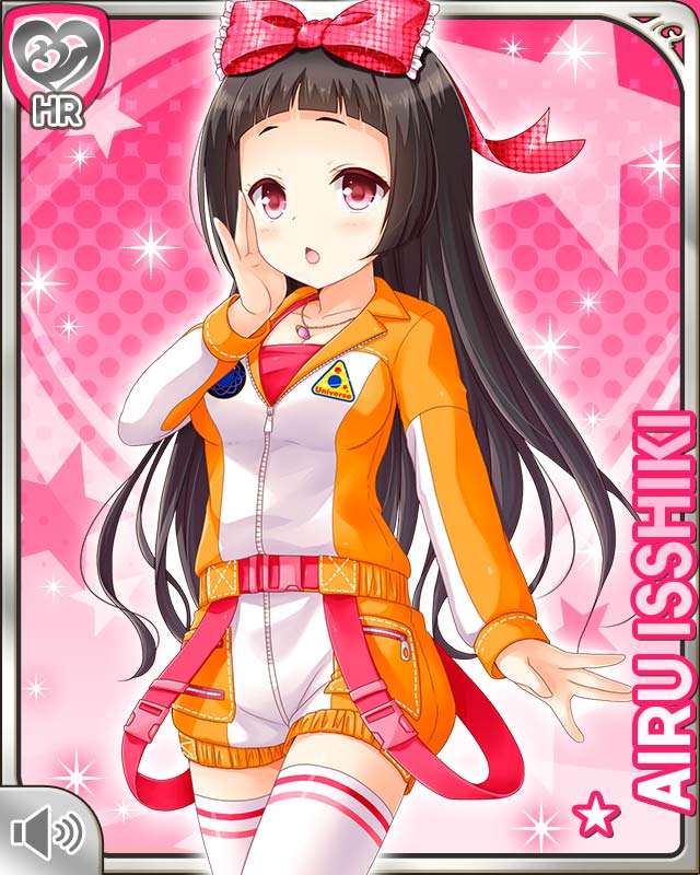 qp:flapper, isshiki airu, girlfriend (kari), official art, 1girl, :o, blunt bangs, bow, breasts, brown hair, card (medium), character name, hair bow, hand on own cheek, hand on own face, jacket, jewelry, jumpsuit, large breasts, long hair, multicolored jacket, multicolored shorts, necklace, pink background, red bow, red eyes, red shirt, shirt, shorts, solo, standing, thighhighs, thighs, white thighhighs, zettai ryouiki
