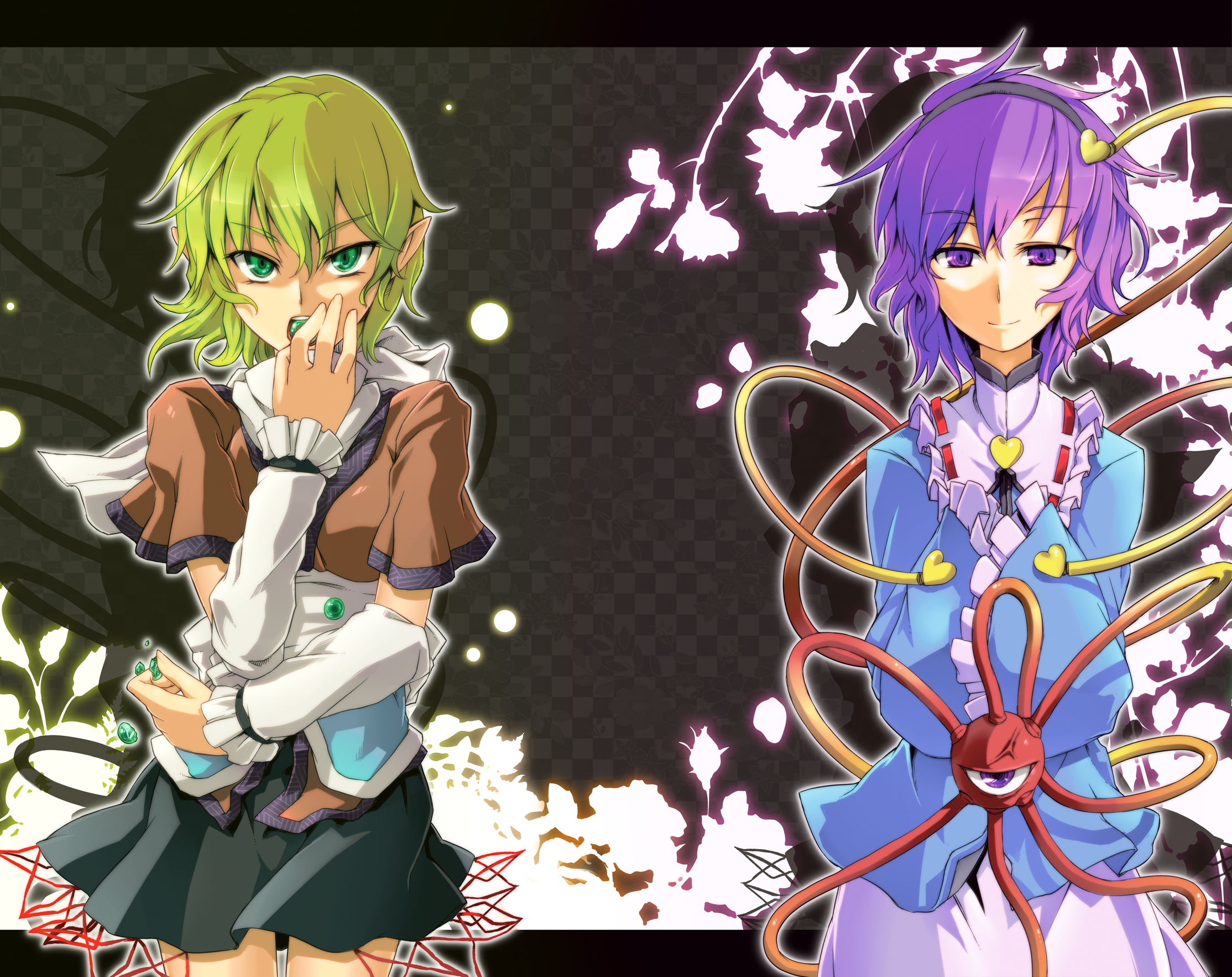 tsukinami, tsukinami kousuke, komeiji satori, mizuhashi parsee, reiuji utsuho, touhou, highres, 2girls, arm warmers, blonde hair, female focus, green eyes, hairband, heart, multiple girls, pointy ears, purple eyes, purple hair, scarf, short hair