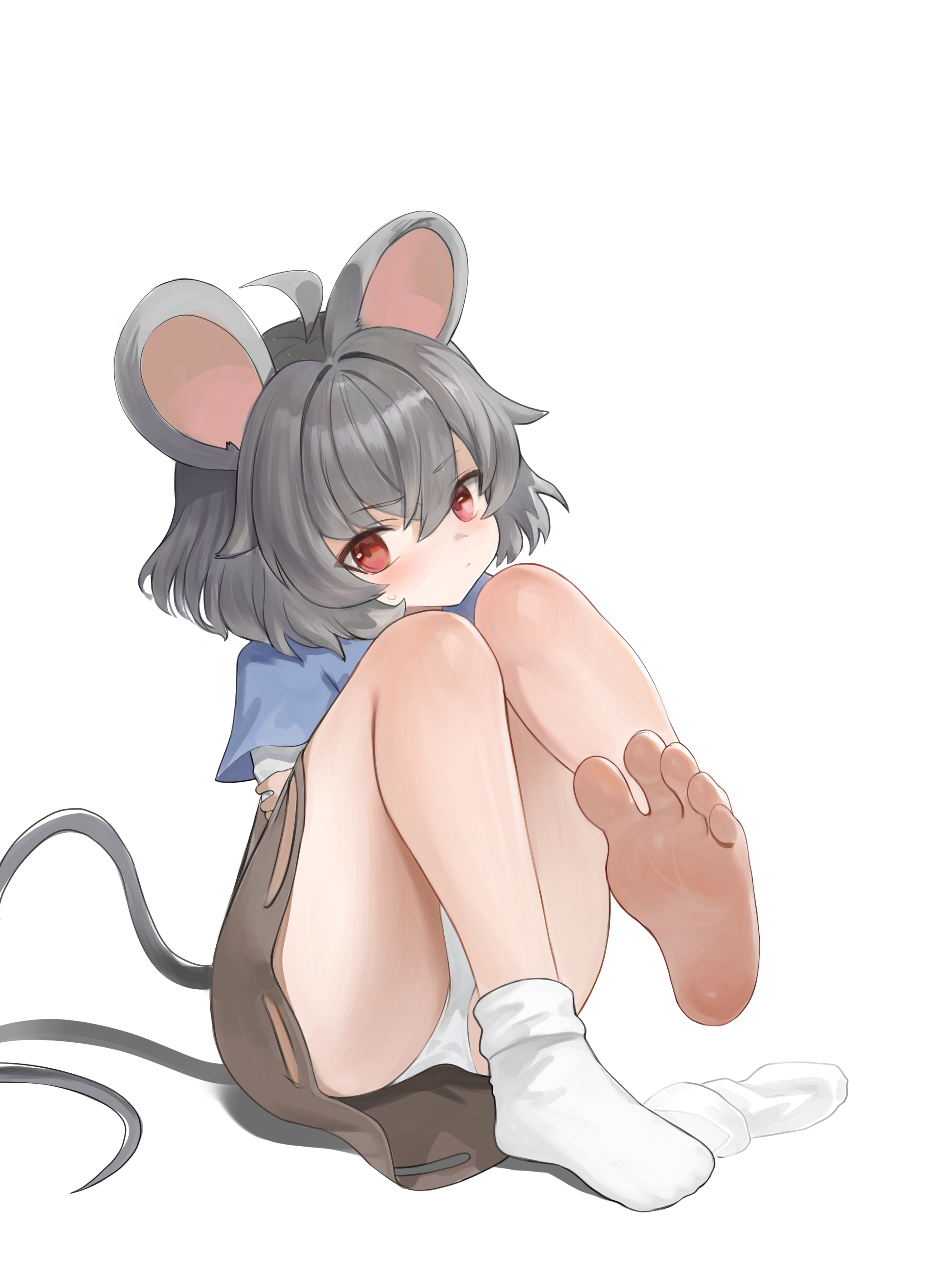 dokomon, nazrin, touhou, absurdres, commentary, highres, 1girl, animal ears, barefoot, capelet, feet, grey hair, mouse ears, mouse tail, panties, red eyes, short hair, simple background, single sock, socks, soles, solo, tail, toes, underwear, white background, white panties, white socks