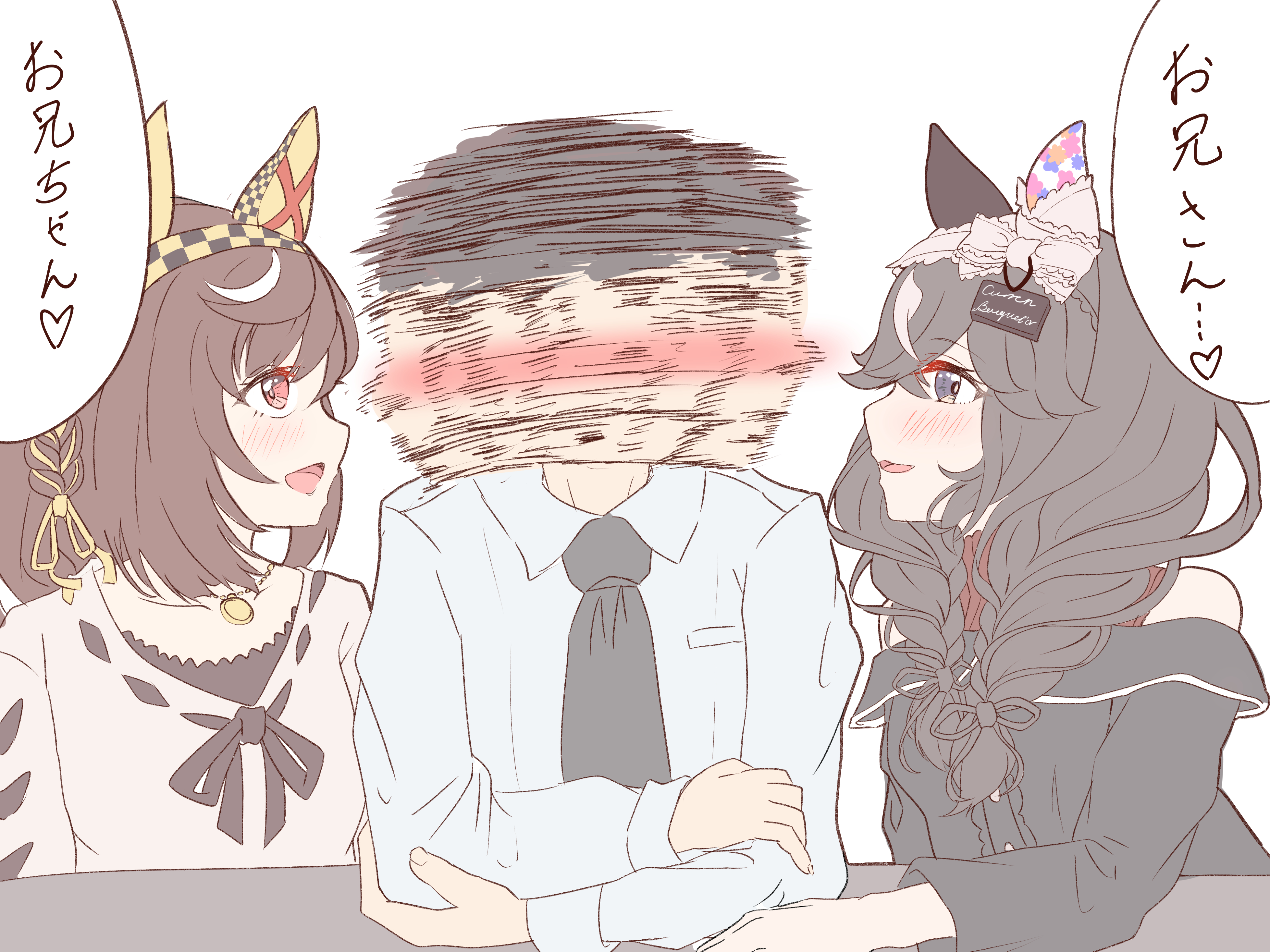 buena vista (umamusume), curren bouquetd'or (umamusume), trainer (umamusume), the weaker sex 1 (gibson), umamusume, absurdres, highres, translated, 1boy, 2girls, animal ears, blush, braid, breasts, brown hair, casual, crossed arms, grey eyes, hair between eyes, hair ornament, hairband, horse ears, jewelry, kumakuma19193, long hair, looking at viewer, low twin braids, medium breasts, meme, motion blur, multiple girls, necklace, open mouth, portrait, table, twin braids, white background