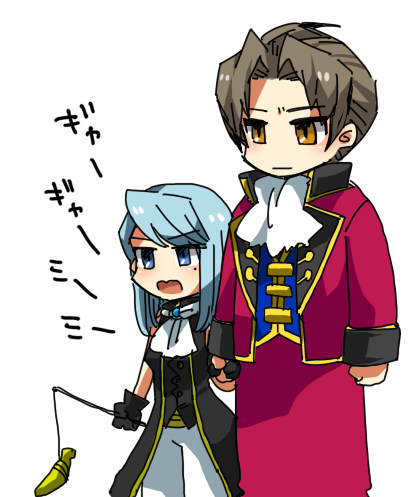 law, franziska von karma, miles edgeworth, ace attorney, ace attorney investigations, ace attorney investigations: miles edgeworth, capcom, bad tag, lowres, 1boy, 1girl, aged down, aqua hair, banana, brown hair, food, fruit, grey hair, hetero, holding hands, mole, mole under eye, red theme