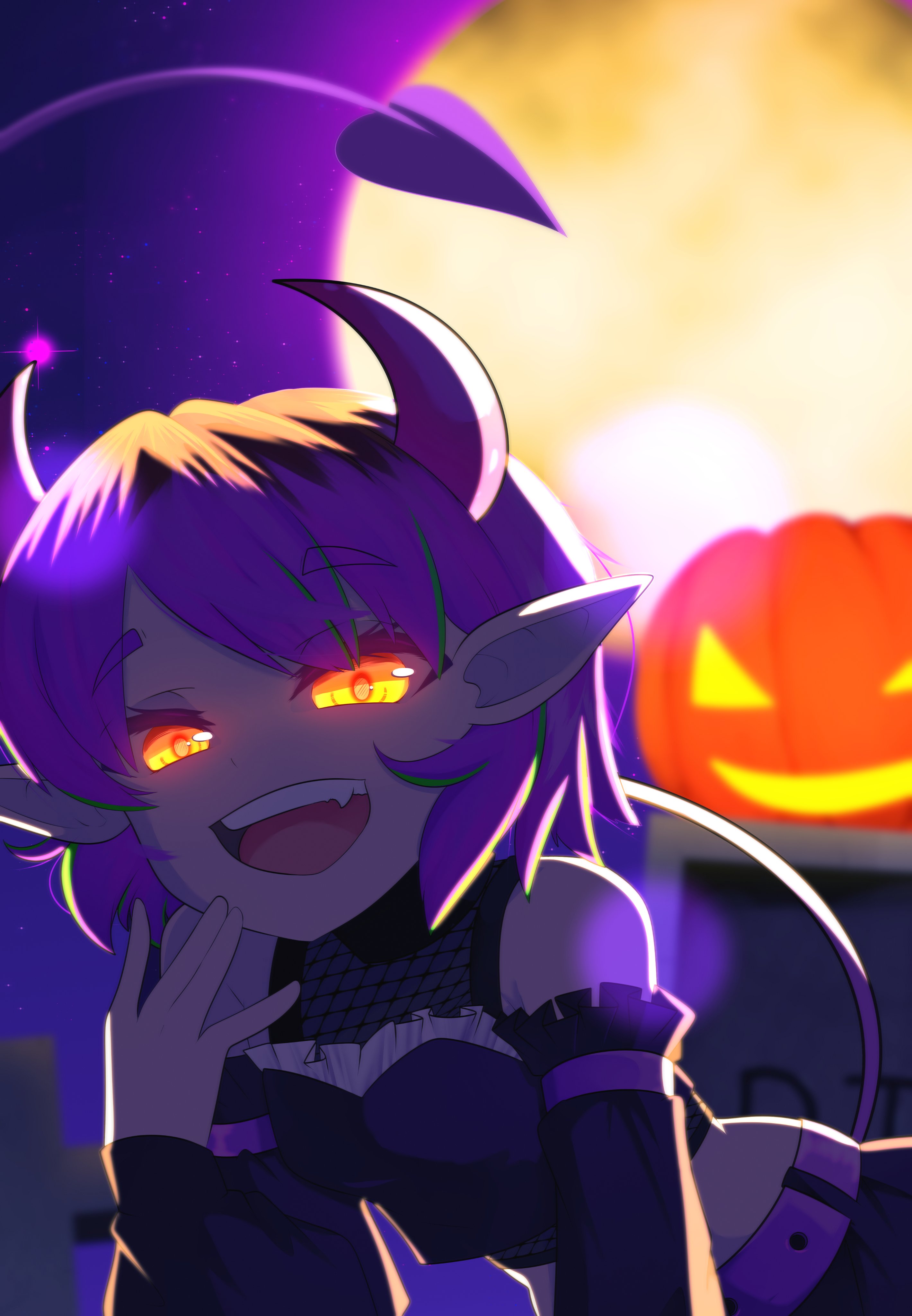 shion (shion aster), amity blight, the owl house, absurdres, highres, 1girl, demon costume, demon horns, demon tail, fang, glowing, glowing eyes, hair dye, halloween, halloween costume, horns, moon, multicolored hair, night, night sky, orange eyes, outdoors, pointy ears, pumpkin, purple hair, roots (hair), sky, tail, tombstone