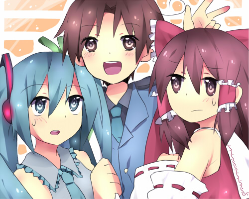 hakurei reimu, hatsune miku, northern italy (hetalia), axis powers hetalia, touhou, vocaloid, lowres, 00s, 1boy, 2girls, :o, aqua hair, bare shoulders, brown eyes, brown hair, crossover, detached sleeves, hair tubes, headgear, long sleeves, looking at viewer, multiple crossover, multiple girls, open mouth, ribbon-trimmed sleeves, ribbon trim, round teeth, sidelocks, sweatdrop, teeth, twintails, vocaloid 02