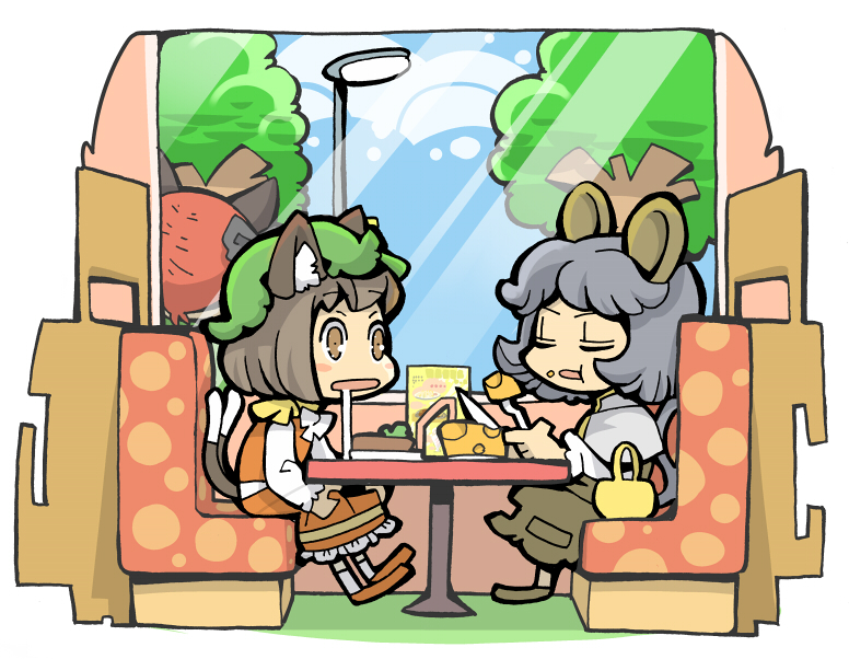 hounori, chen, kaenbyou rin, nazrin, touhou, 3girls, basket, brown eyes, brown hair, cheese, chibi, closed eyes, drooling, eating, female focus, food, full body, grey hair, indoors, knife, lamppost, multiple girls, outdoors, plant, saliva, sitting, sky, standing, tail, tree, window