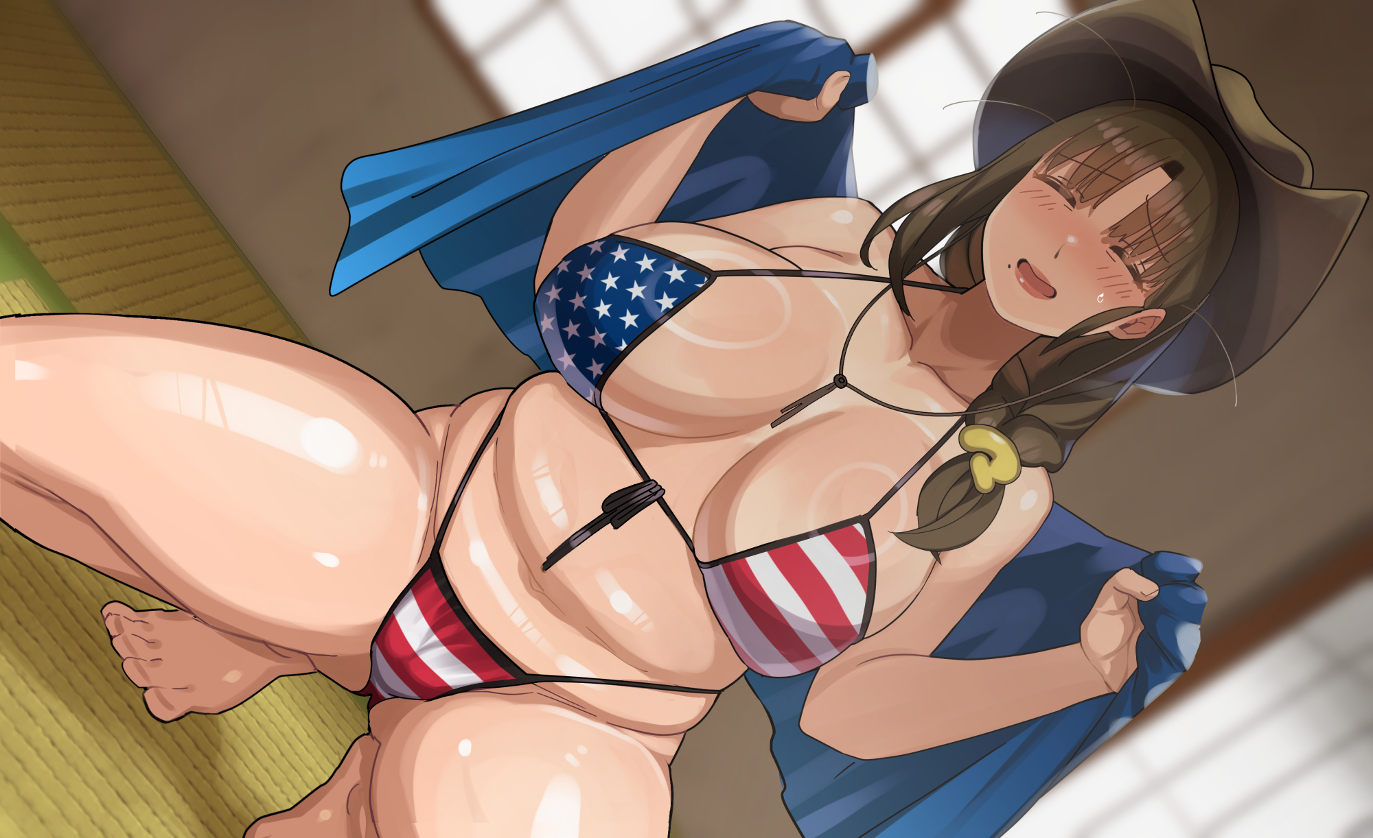 original, artist request, highres, 1girl, american flag bikini, american flag print, arms up, barefoot, bikini, braid, braided ponytail, breasts, brown hair, cameltoe, cleavage, cowboy hat, feet, flag print, flag print bikini, hat, large breasts, mature female, navel, nervous smile, pink lips, print bikini, smile, solo, squatting, sweatdrop, swimsuit, thick thighs, thighs, thong bikini, tongue, towel, virtual youtuber