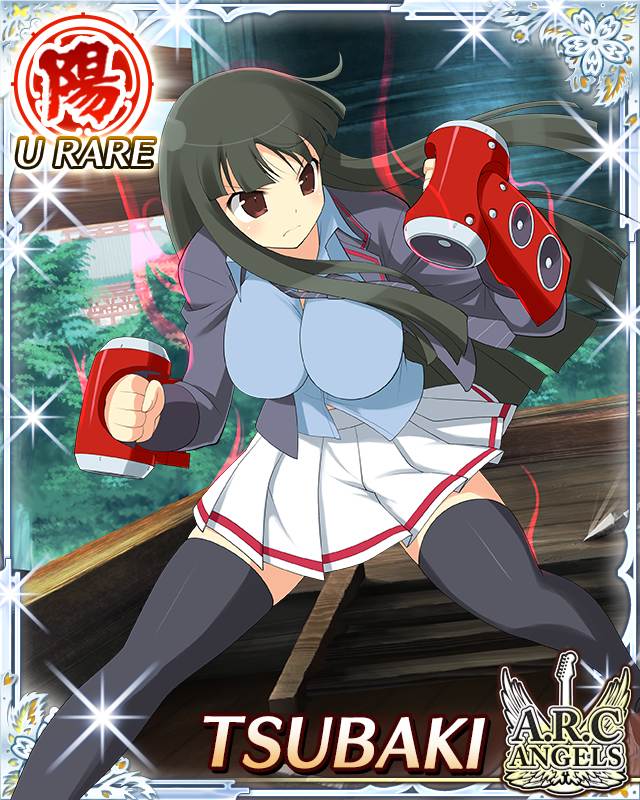tsubaki (senran kagura), senran kagura, senran kagura new wave, game cg, official art, 1girl, aura, black hair, black jacket, black necktie, black thighhighs, border, breasts, card (medium), character name, cleavage, closed mouth, diagonal-striped clothes, diagonal-striped necktie, english text, frown, gauntlets, hime cut, jacket, large breasts, long hair, looking to the side, necktie, official alternate costume, pleated skirt, red eyes, school uniform, skirt, solo, speaker, striped clothes, thighhighs, weaponized instrument, white skirt