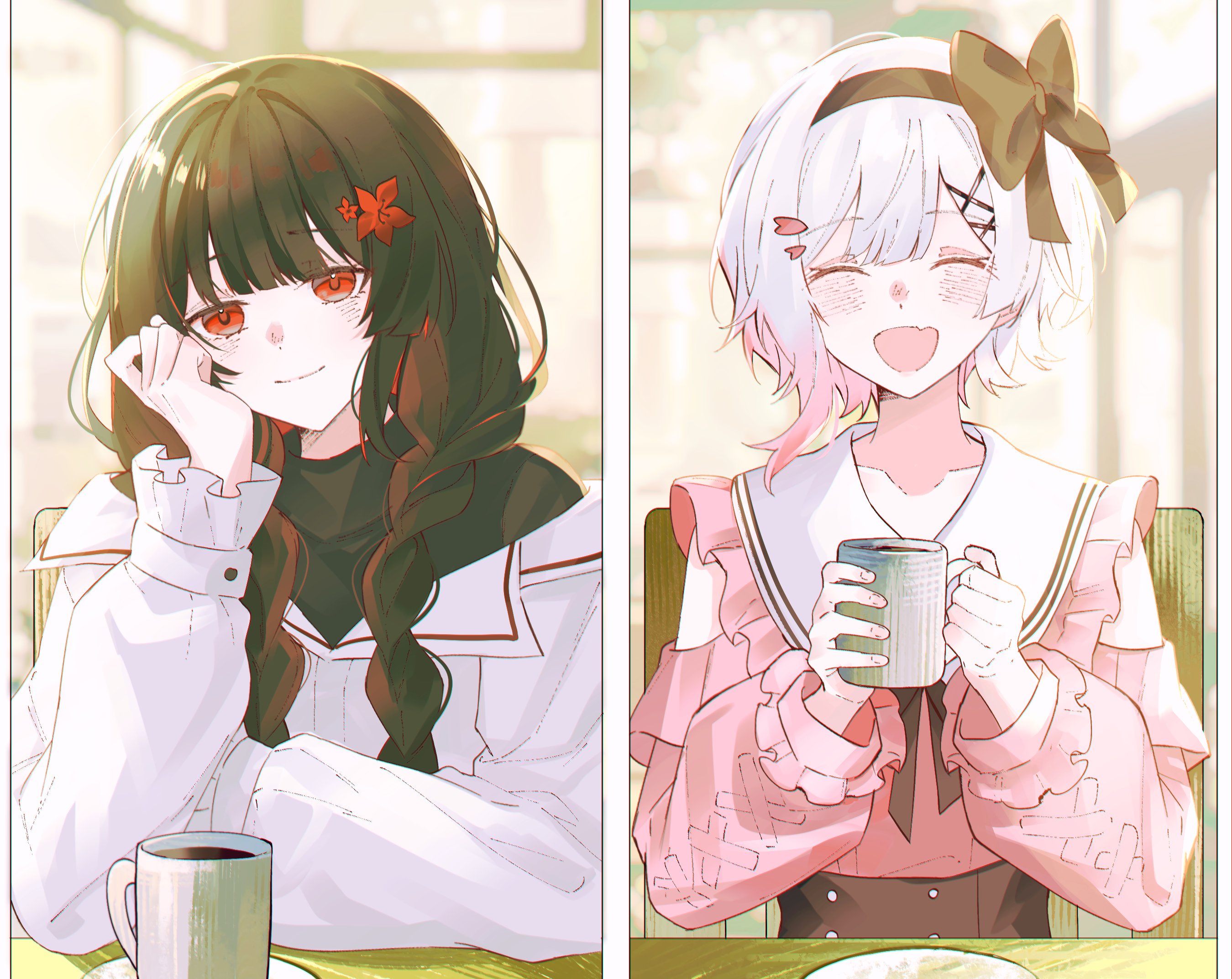 ritzchrono, nikaido hiro, sakuraba ema, book off, mahou shoujo no majo saiban, commentary request, highres, 2girls, :d, ^ ^, alternate costume, black hair, black hairband, black sweater, blunt bangs, blurry, blurry background, braid, closed eyes, closed mouth, coffee mug, cup, flower, frilled shirt, frilled shirt collar, frills, hair flower, hair ornament, hairband, hairclip, hand on own cheek, hand on own face, hand up, holding, holding cup, indoors, jacket, long hair, long sleeves, looking at viewer, mug, multicolored hair, multiple girls, official alternate costume, open mouth, red eyes, shirt, short hair, smile, split screen, sweater, table, twin braids, upper body, white hair, white jacket, x hair ornament