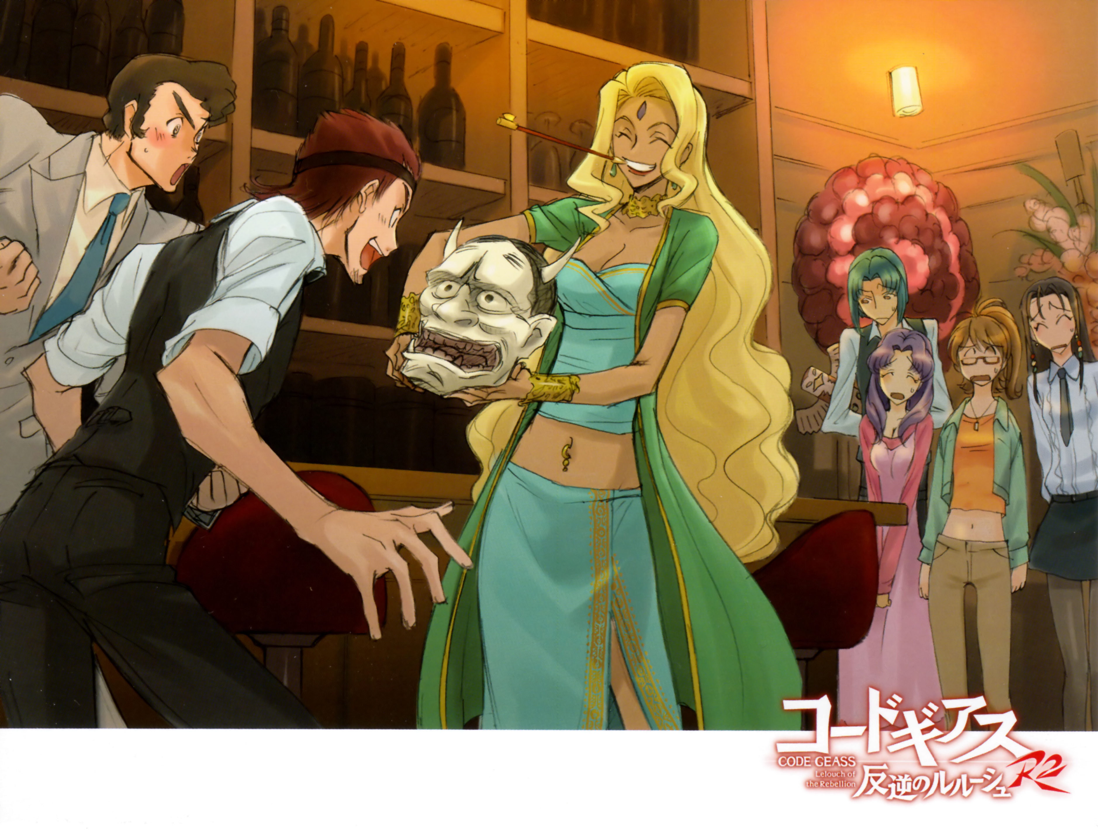 kimura takahiro, ookouchi ricca, futaba ayame, hinata ichijiku, minase mutsuki, ohgi kaname, rakshata chawla, tamaki shin'ichirou, code geass, absurdres, highres, 00s, 2boys, 4girls, blonde hair, breasts, brown hair, casual, cleavage, closed eyes, dark skin, facial mark, forehead mark, glasses, kento sugiyama, kiseru, long hair, midriff, multiple boys, multiple girls, navel, navel piercing, piercing, purple hair, skirt, smoking pipe, very long hair