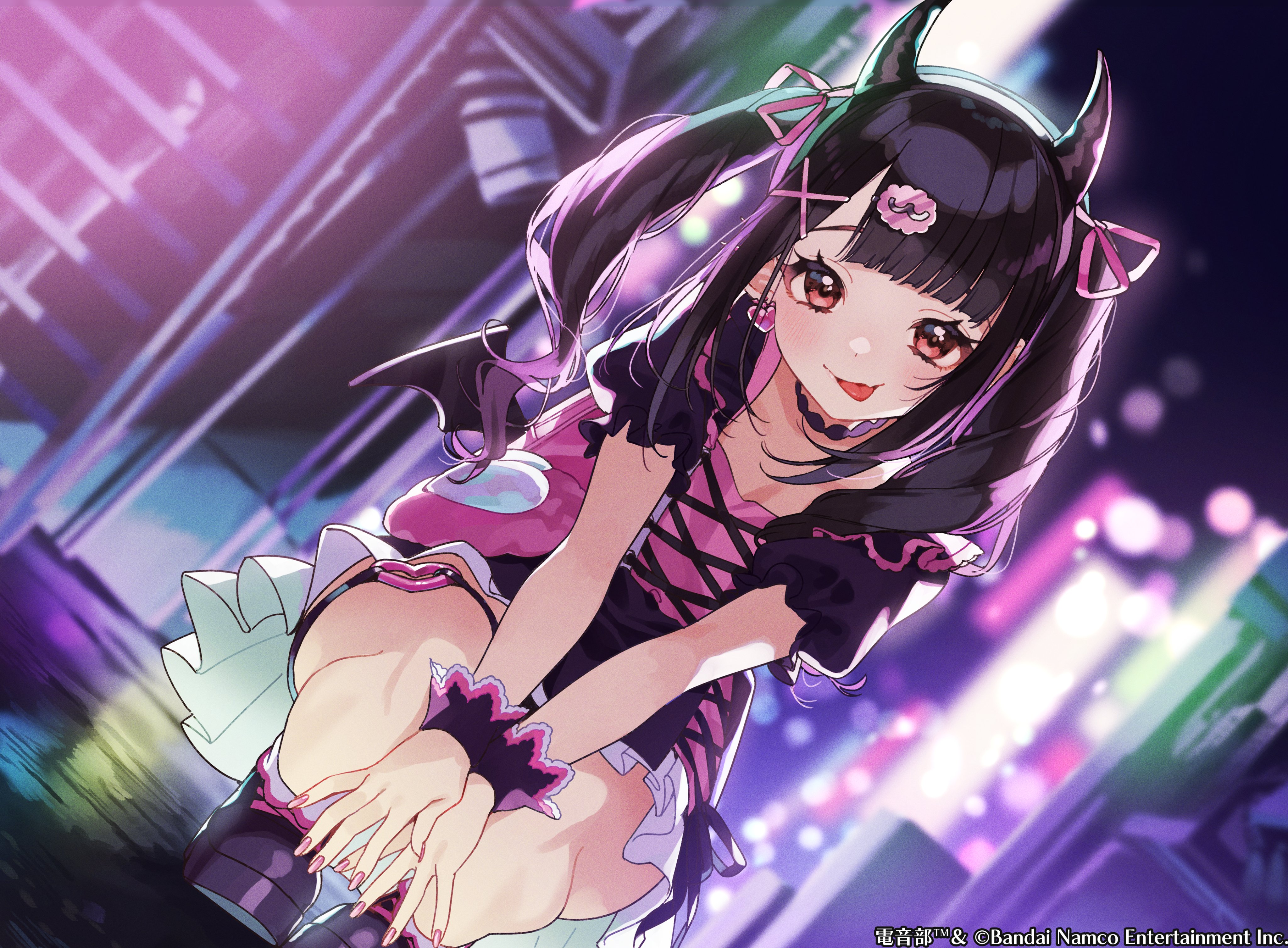 booota, reml, denonbu, absurdres, commentary, highres, official art, second-party source, symbol-only commentary, 1girl, :p, black choker, black hair, black shoes, blunt bangs, blurry, bokeh, choker, cityscape, copyright name, curly hair, demon horns, depth of field, dot nose, dress, dutch angle, earrings, frilled sleeves, frills, hair ornament, hair ribbon, hairclip, hands on own knees, heart, heart earrings, horns, jewelry, jirai kei, long hair, looking at viewer, neon lights, orange eyes, outdoors, pink nails, pink ribbon, purple dress, ribbon, shoes, short dress, short sleeves, sidelocks, smile, solo, squatting, tongue, tongue out, twintails, wings, wrist cuffs