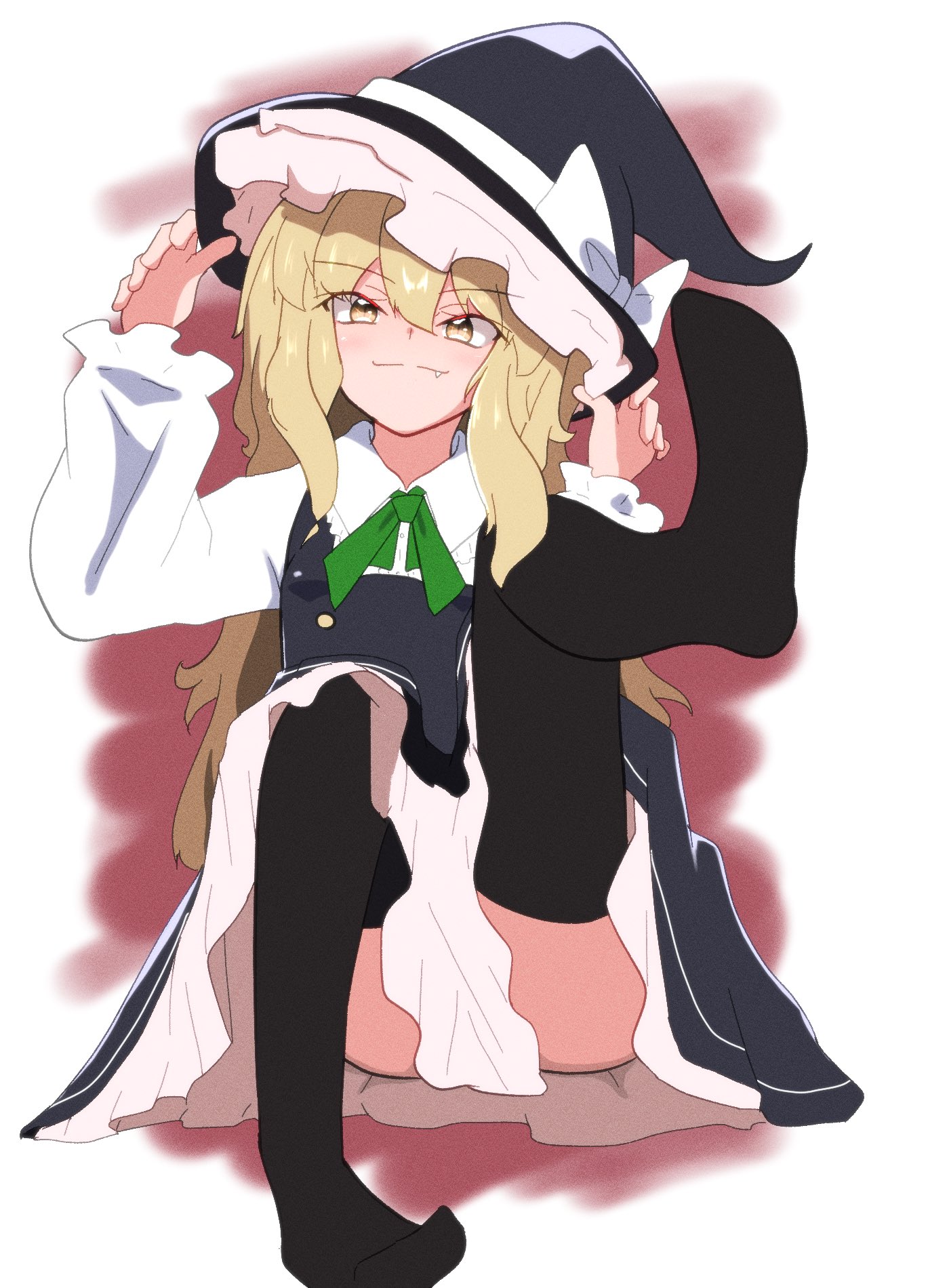 bone vone, kirisame marisa, touhou, commentary request, highres, 1girl, black hat, black skirt, black socks, black thighhighs, black vest, blonde hair, bow, buttons, clothes between thighs, collared shirt, convenient skirt, fang, feet, foot focus, frilled shirt, frills, full body, green ribbon, hand on headwear, hat, hat bow, light smile, long hair, long sleeves, looking at viewer, neck ribbon, no shoes, presenting foot, puffy long sleeves, puffy sleeves, ribbon, shirt, sitting, skirt, socks, solo, thighhighs, vest, white background, white bow, white shirt, witch hat, yellow eyes