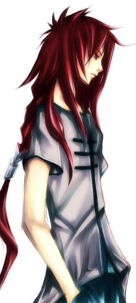 artist request, character request, copyright request, 1boy, braid, frown, long hair, male focus, ponytail, profile, red eyes, red hair, serious, simple background, solo