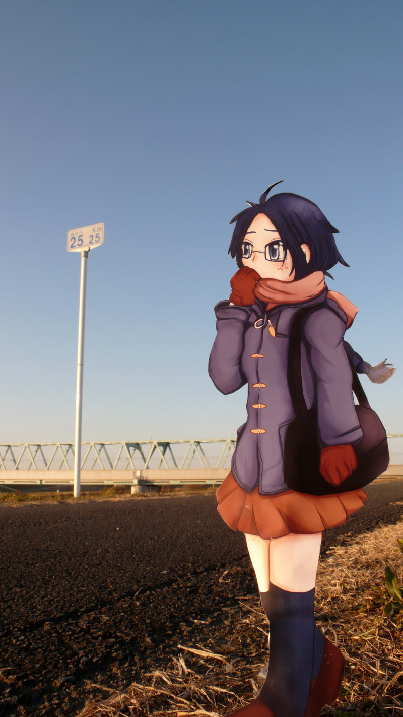 ryo-yo, original, highres, image sample, photo (medium), 1girl, bag, coat, female focus, glasses, handbag, paper child, papercraft, scarf, skirt, solo, thighhighs