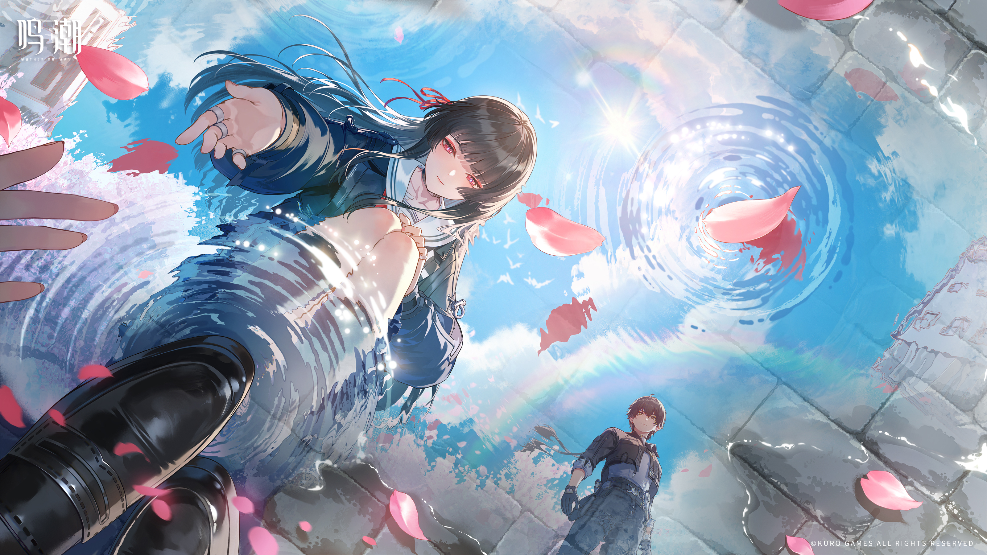 chisa (wuthering waves), male rover (wuthering waves), rover (wuthering waves), wuthering waves, absurdres, chinese commentary, commentary request, game cg, highres, official art, 1boy, 1girl, black hair, black jacket, black pants, blue sky, copyright notice, day, grey shirt, hair ribbon, jacket, logo, long hair, long sleeves, outdoors, outstretched arms, pants, pink petals, pov, rainbow, red ribbon, reflection, reflection focus, ribbon, sailor collar, shirt, sky, squatting, white sailor collar