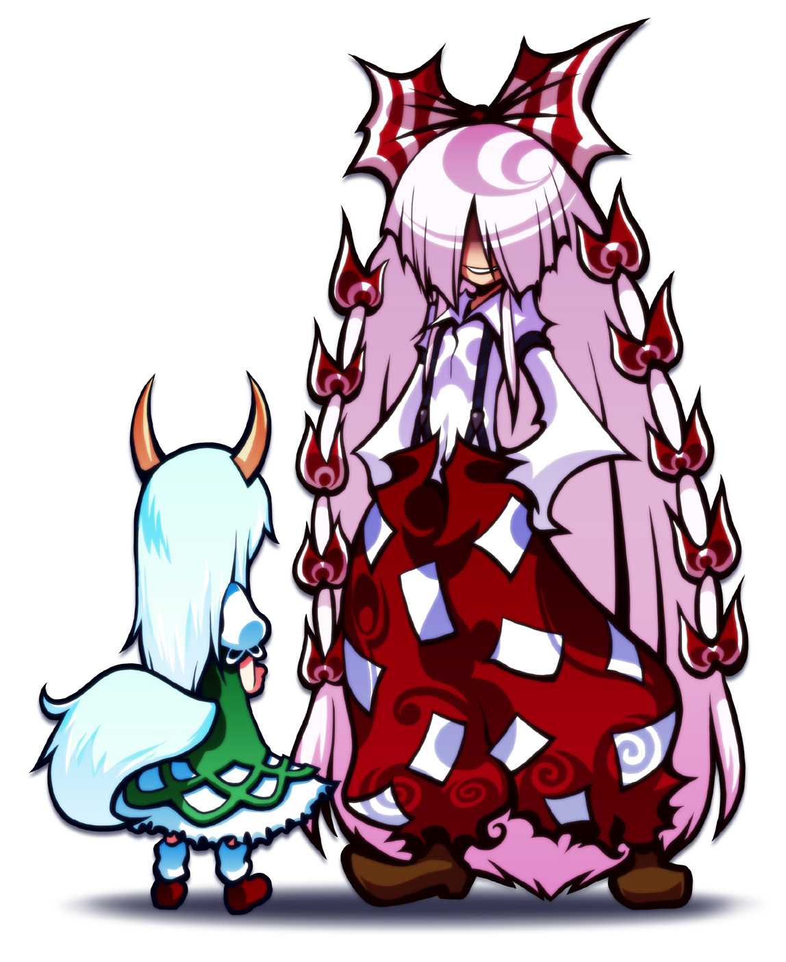 ichi (ichikai), ex-keine, fujiwara no mokou, kamishirasawa keine, touhou, highres, 2girls, aged down, blue hair, female focus, full body, grin, hair ribbon, horns, long hair, multiple girls, pants, pink hair, ribbon, smile, standing, suspenders, tail, very long hair, white background