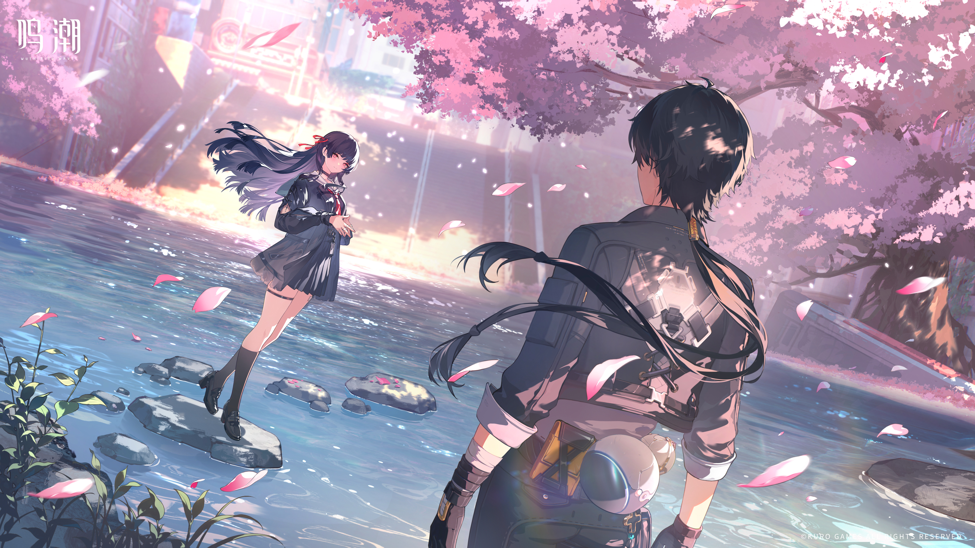 chisa (wuthering waves), male rover (wuthering waves), rover (wuthering waves), wuthering waves, absurdres, chinese commentary, commentary request, game cg, highres, official art, 1boy, 1girl, arm cutout, black choker, black hair, black jacket, black serafuku, black shirt, black shoes, black skirt, black socks, cherry blossoms, choker, clothing cutout, copyright notice, hair ribbon, jacket, logo, long hair, long sleeves, looking at another, pangu terminal (wuthering waves), pink petals, red eyes, red ribbon, ribbon, sailor collar, school uniform, serafuku, shirt, shoes, skirt, socks, steepled fingers, tacet mark (wuthering waves), thigh strap, white sailor collar, wind
