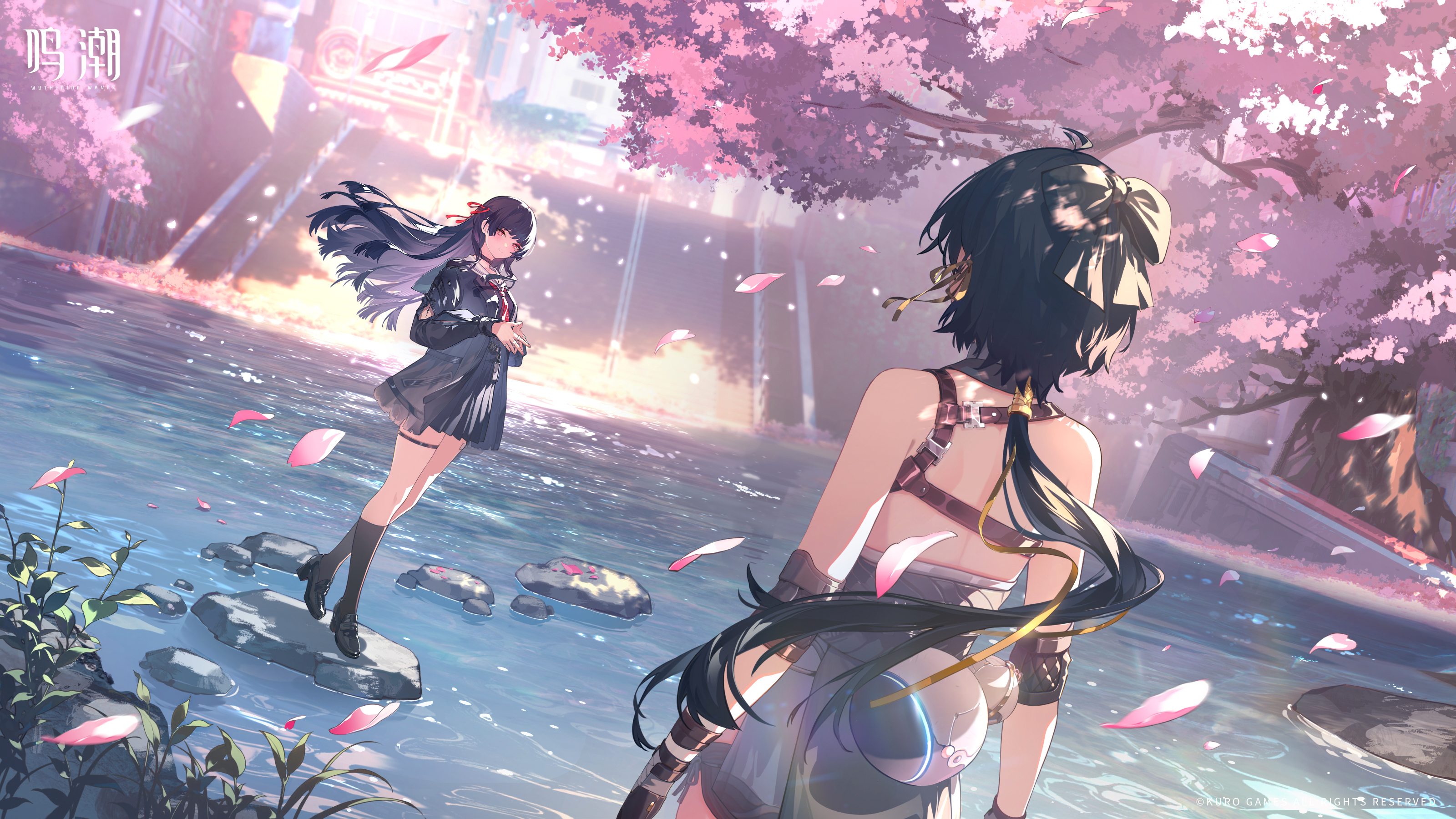chisa (wuthering waves), female rover (wuthering waves), rover (wuthering waves), wuthering waves, absurdres, chinese commentary, commentary request, game cg, highres, official art, 2girls, arm cutout, bare shoulders, black bow, black choker, black hair, black jacket, black serafuku, black shirt, black shoes, black skirt, black socks, bow, cherry blossoms, choker, clothing cutout, copyright notice, elbow pads, hair bow, hair ribbon, jacket, logo, long hair, long sleeves, looking at another, low ponytail, multiple girls, pangu terminal (wuthering waves), pink petals, ponytail, red eyes, red ribbon, ribbon, sailor collar, school uniform, serafuku, shirt, shoes, skirt, socks, steepled fingers, tacet mark (wuthering waves), thigh strap, white sailor collar, wind