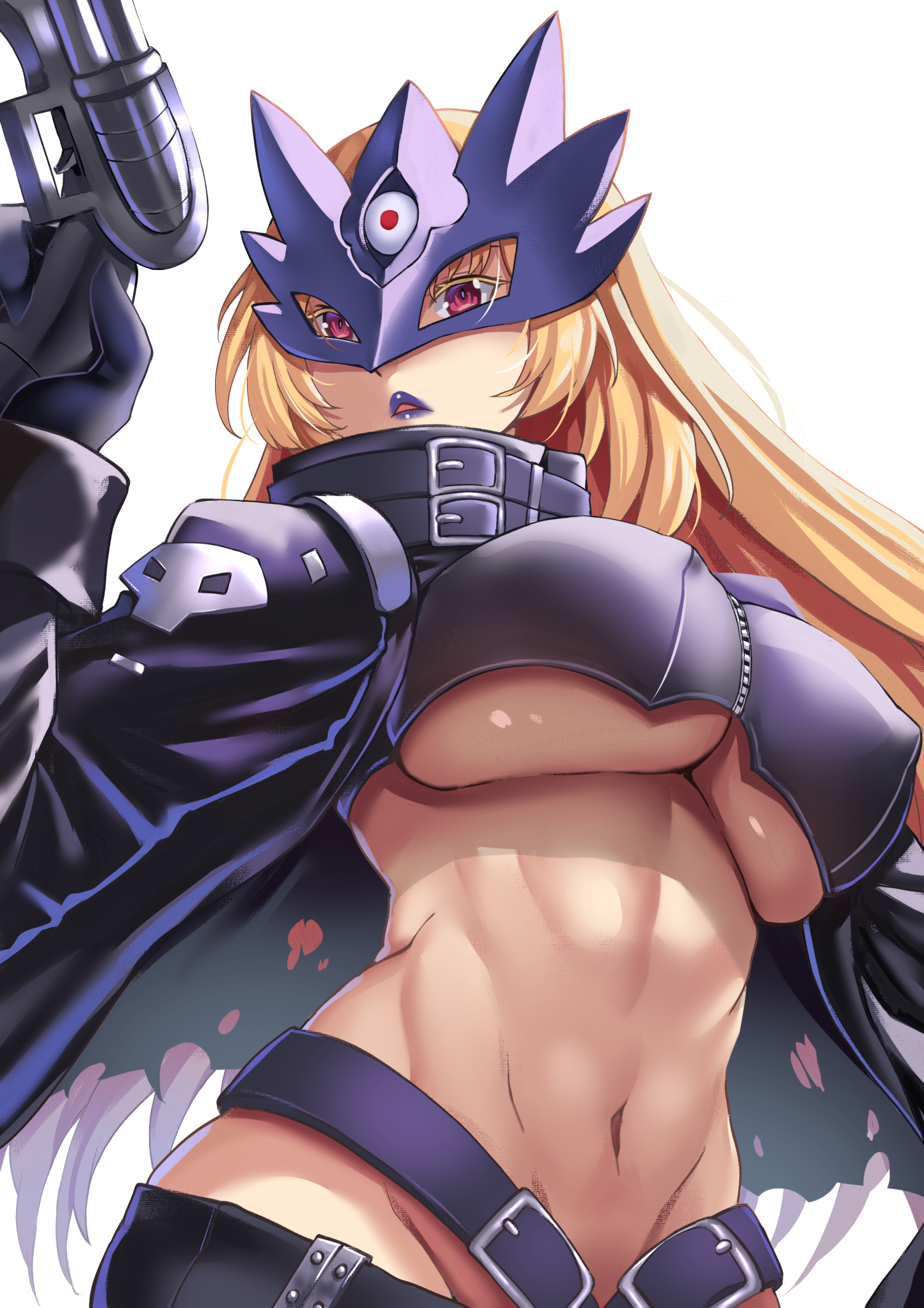 a-na, beelstarmon, digimon, commentary, highres, 1girl, arm up, belt, black coat, black gloves, black pants, black vest, blonde hair, blue mask, breasts, coat, covered erect nipples, cowboy shot, cropped vest, digimon (creature), eye mask, gloves, groin, gun, holding, holding gun, holding weapon, large breasts, leather, leather pants, lipstick, long hair, long sleeves, looking at viewer, makeup, mask, multiple-barrel gun, navel, open clothes, open coat, pants, parted lips, purple eyes, purple lips, sidelocks, simple background, skull print, solo, standing, stomach, third eye, tight clothes, tight pants, torn clothes, torn coat, underboob, vest, weapon, white background, zipper