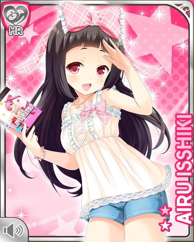 qp:flapper, isshiki airu, girlfriend (kari), official art, 1girl, :d, blunt bangs, bow, breasts, brown hair, camisole, card (medium), character name, denim, denim shorts, frilled camisole, frills, hair bow, hand on own head, holding game cartridge, jewelry, large breasts, long hair, looking at viewer, necklace, open mouth, pink background, pink bow, plaid bow, red eyes, shorts, smile, solo, standing, thighs, white camisole