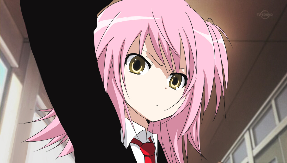 izumi (q!), aisaka taiga, hinamori amu, shugo chara!, toradora!, bad id, bad pixiv id, third-party edit, 1girl, female focus, necktie, parody, pink hair, solo