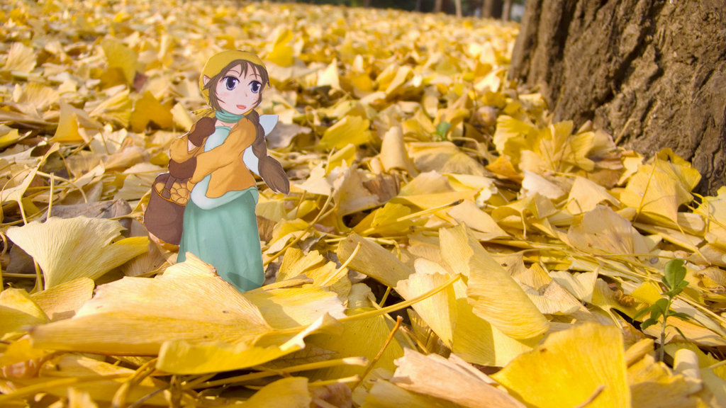 ryo-yo, original, image sample, photo (medium), 1girl, autumn, basket, brown hair, female focus, ginkgo biloba, ginkgo nut, ginkgo tree, gloves, leaf, mini person, minigirl, outdoors, paper child, papercraft, solo
