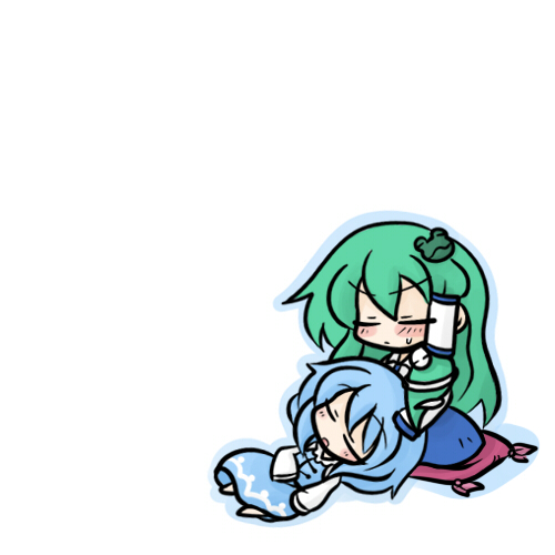 yanagi (nurikoboshi), kochiya sanae, tatara kogasa, touhou, lowres, 2girls, chibi, female focus, multiple girls, simple background