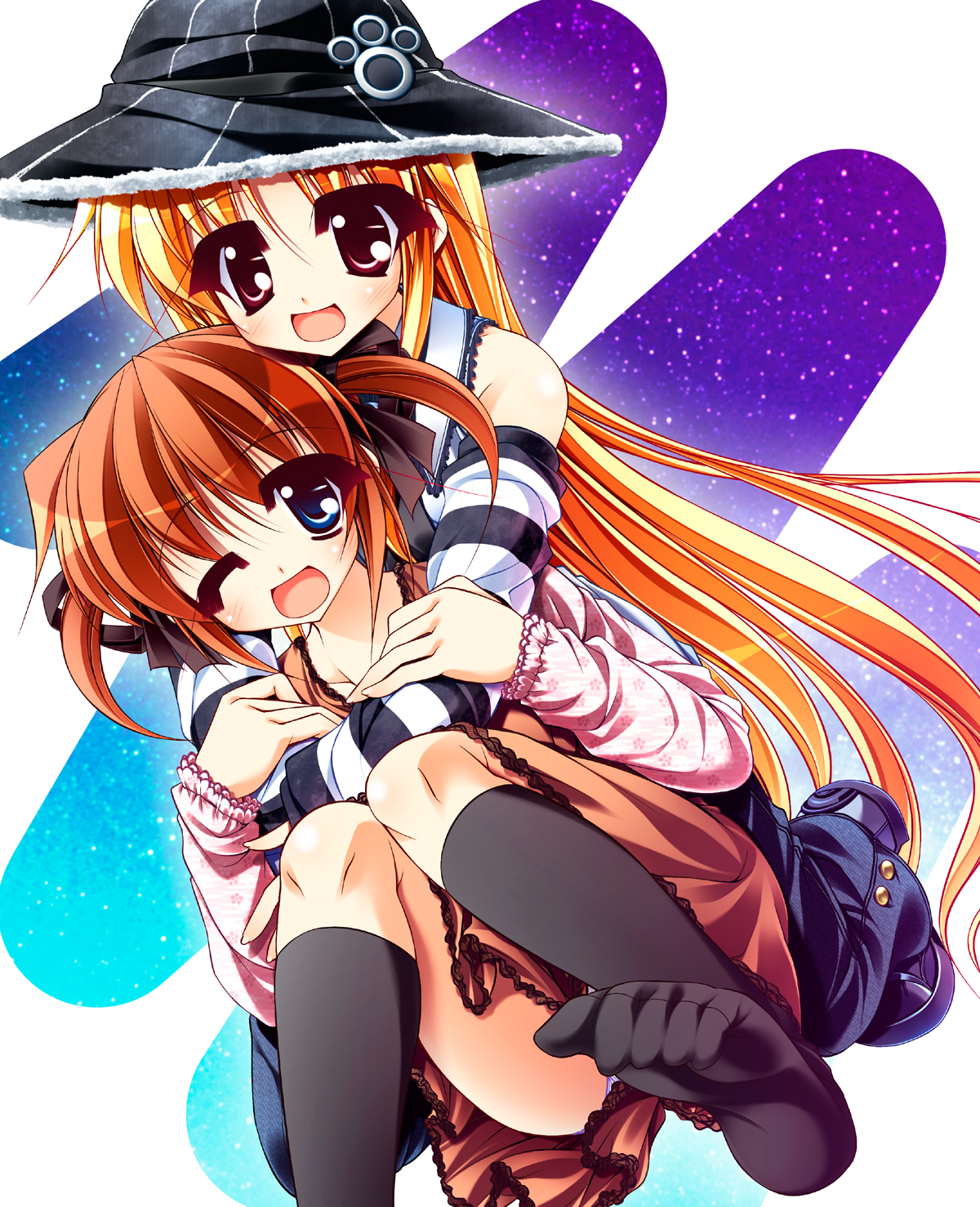 teruui, fate testarossa, takamachi nanoha, lyrical nanoha, mahou shoujo lyrical nanoha, mahou shoujo lyrical nanoha a's, striped, bad id, bad pixiv id, highres, 00s, bad feet, blonde hair, blue eyes, brown hair, casual, detached sleeves, feet, hair ribbon, hat, hug, kneehighs, long hair, one eye closed, panties, pantyshot, red eyes, ribbon, sitting, skirt, socks, twintails, underwear, wink