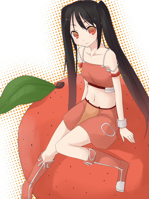 muranisaki, arancia, original, bad id, bad pixiv id, 1girl, bare shoulders, black hair, boots, female focus, food, fruit, long hair, midriff, miniskirt, navel, orange (fruit), orange eyes, orange skirt, sitting, skirt, solo, twintails