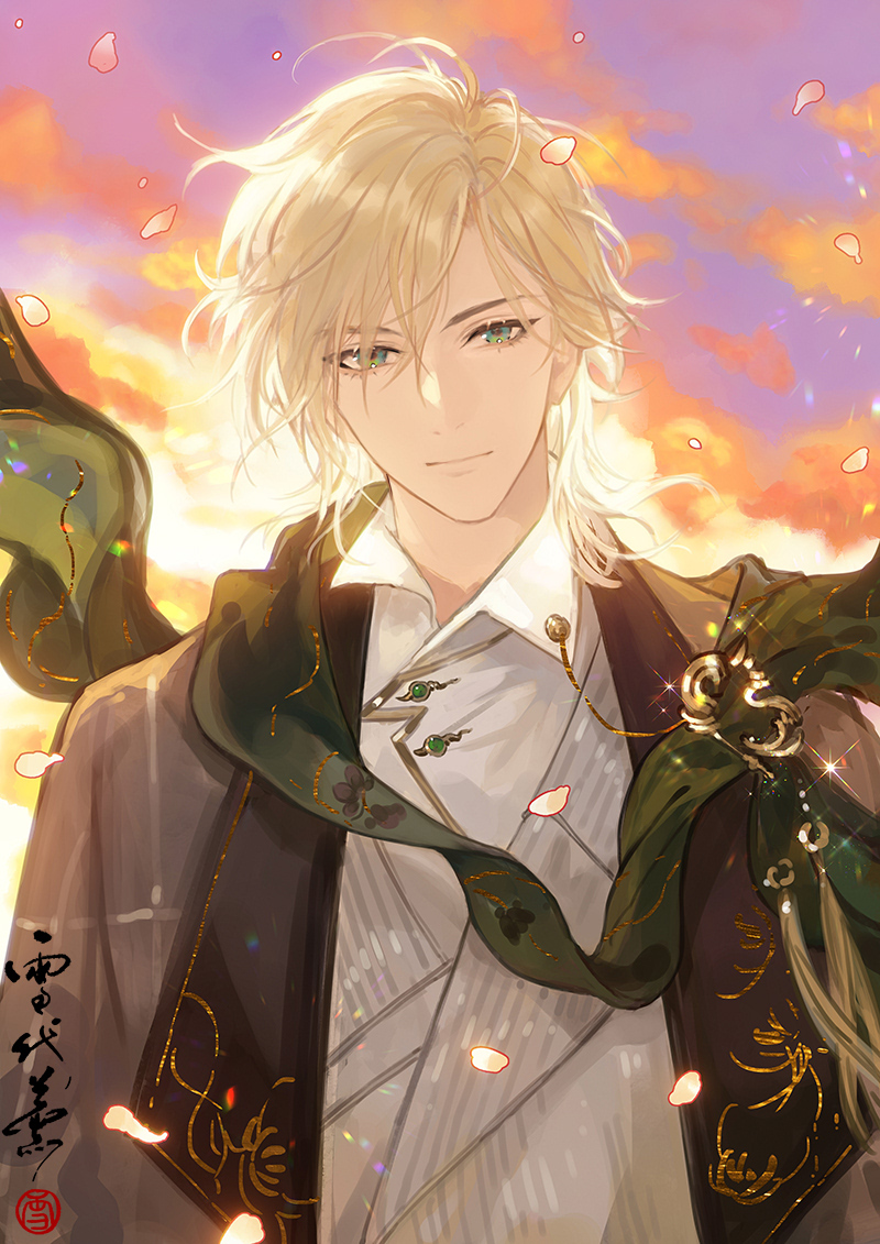 xuedaixun, alkaid mcgrath, lovebrush chronicles, 1boy, blonde hair, closed mouth, cloud, collar chain (jewelry), collared shirt, colored lapels, dusk, embroidery, falling petals, floating scarf, green eyes, green scarf, grey jacket, hair behind ear, hair between eyes, jacket, lapels, long sleeves, looking at viewer, male focus, medium hair, official alternate costume, open clothes, open jacket, petals, pink petals, plaid clothes, plaid jacket, scarf, seal impression, shirt, smile, solo, straight-on, tassel, upper body, vest, white shirt, white vest