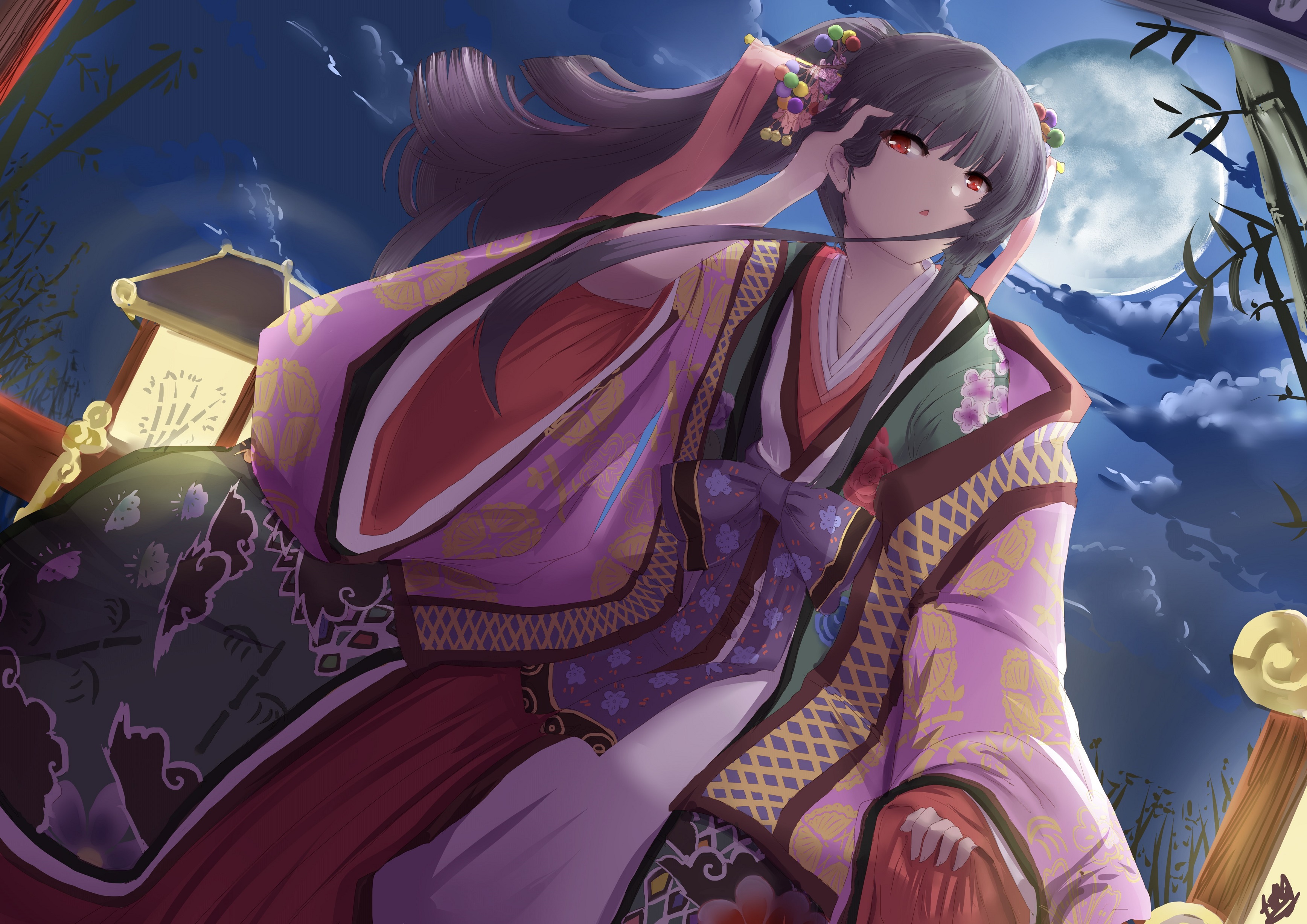 senbon tsuki, houraisan kaguya, touhou, absurdres, commentary request, highres, 1girl, against railing, alternate hairstyle, bamboo, bamboo forest, bamboo print, black hair, blue bow, bow, cloud, cloudy sky, collarbone, floral print, floral print kimono, forest, full moon, green kimono, hair ornament, hairpin, hand in own hair, hand up, japanese clothes, kimono, lantern, long hair, long sleeves, looking to the side, moon, nature, night, night sky, parted lips, pink kimono, ponytail, print kimono, railing, red eyes, red skirt, skirt, sky, solo, triangle mouth, wooden lantern