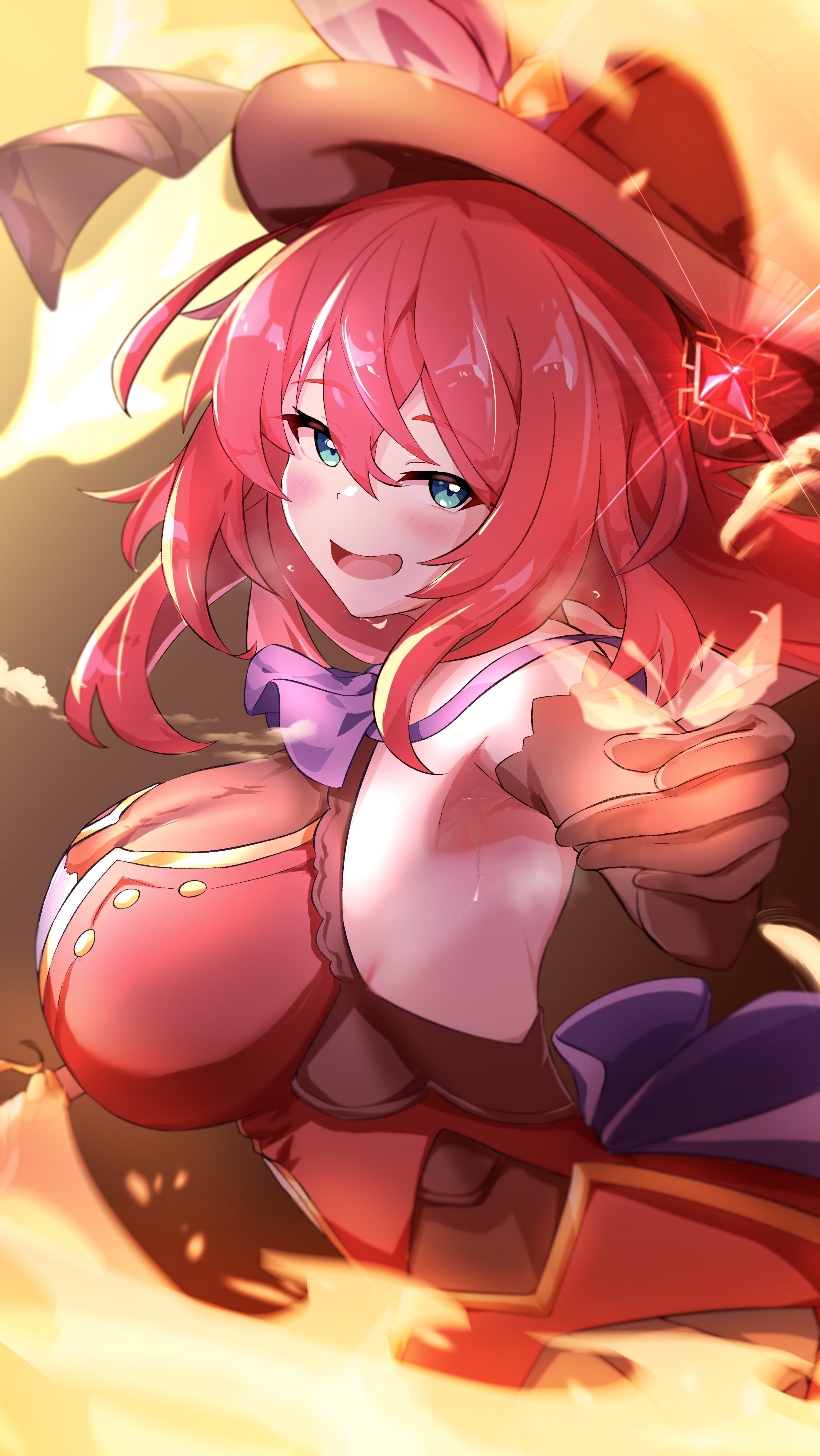 sanami (sanami t 38), flora (stella sora), stella sora, absurdres, commentary request, highres, 1girl, :d, armpits, blue eyes, blush, breasts, dress, fire, gradient background, hair between eyes, hat, large breasts, long hair, looking at viewer, open mouth, pyrokinesis, red dress, red hair, red hat, sleeveless, sleeveless dress, smile, solo, upper body