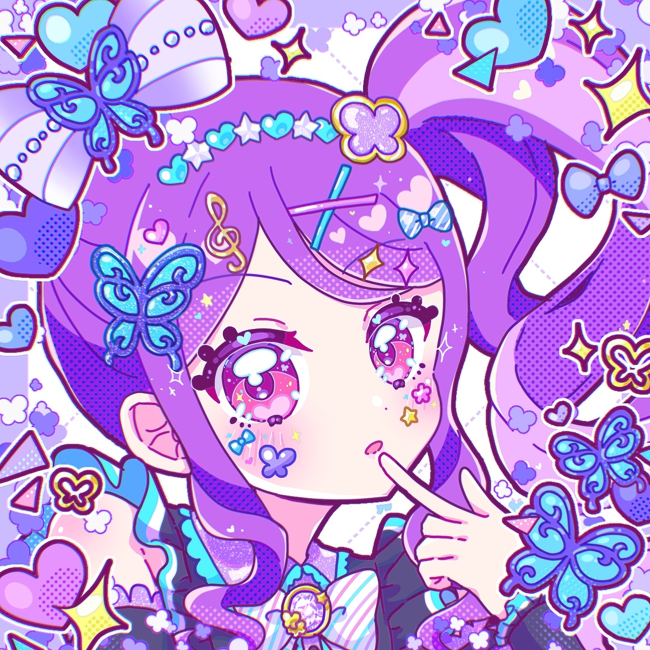 yaka (yaka 589), junon (pripara), pretty series, pripara, commentary request, highres, 1girl, bow, butterfly hair ornament, finger to mouth, hair bow, hair ornament, hairclip, hand up, heart, index finger raised, long hair, looking at viewer, multicolored hair, open mouth, purple hair, side ponytail, sidelocks, solo, sparkle, streaked hair, upper body, x hair ornament