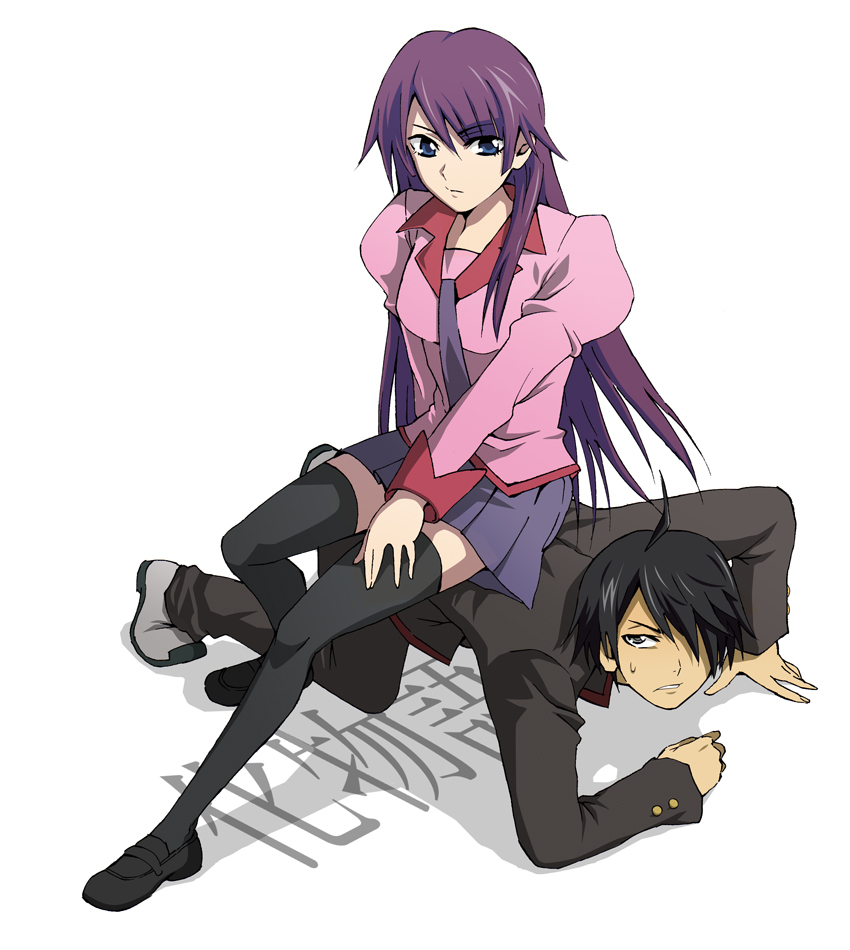 taguchi kenji (omaep), araragi koyomi, senjougahara hitagi, bakemonogatari, monogatari (series), bad id, bad pixiv id, 00s, 1boy, 1girl, ahoge, all fours, black hair, blue eyes, human chair, human furniture, legs, long hair, purple hair, school uniform, short hair, sitting, sitting on person, skirt, thighhighs, zettai ryouiki